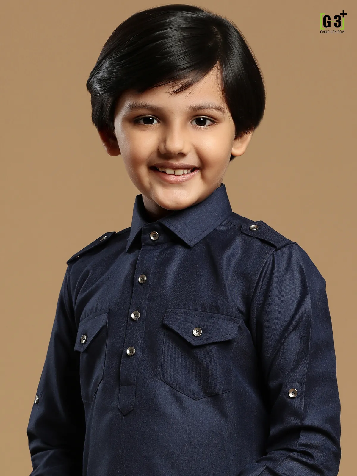 Cotton silk plain navy festive pathani suit for boys