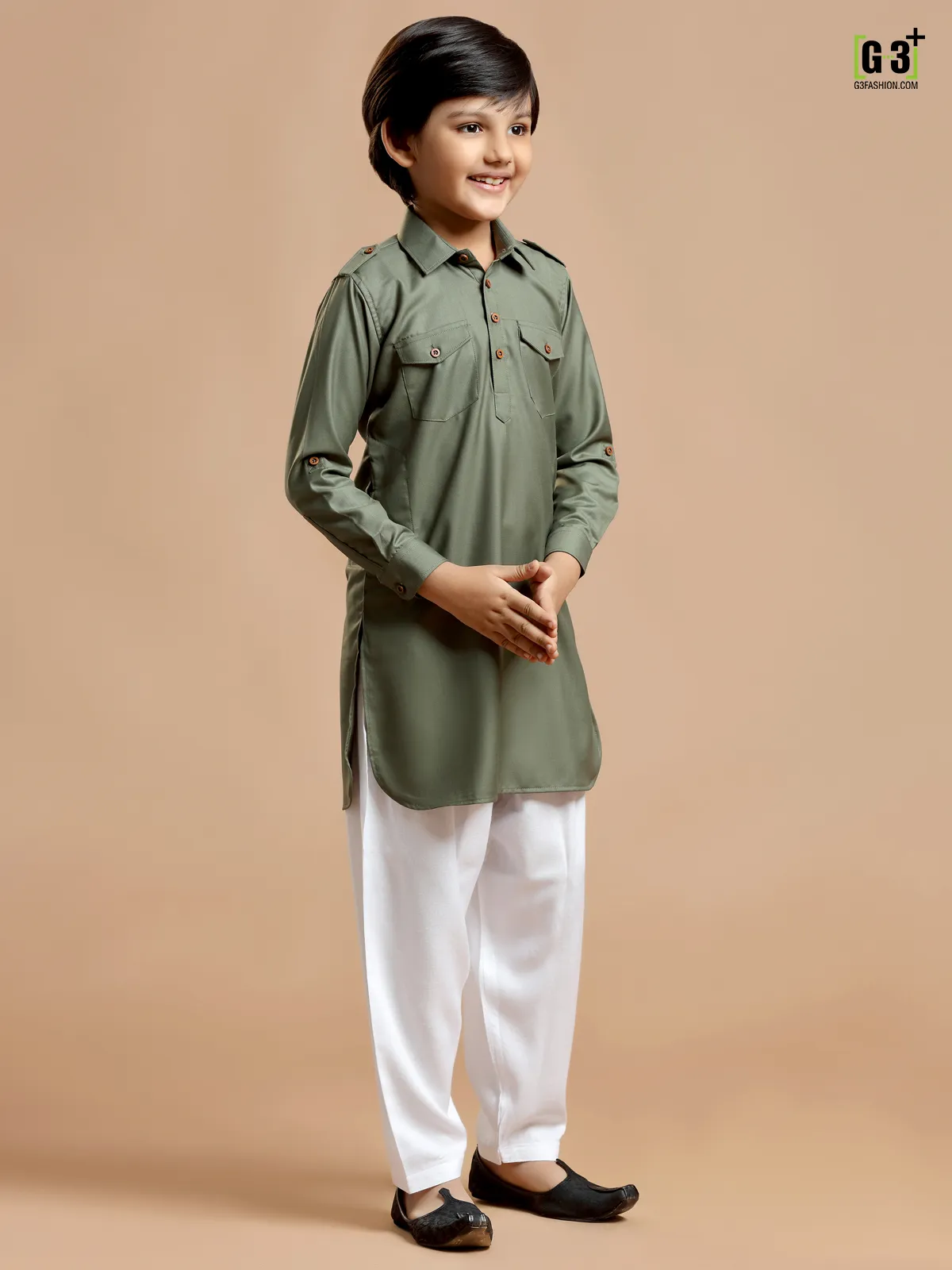 Cotton silk plain sage green festive pathani suit