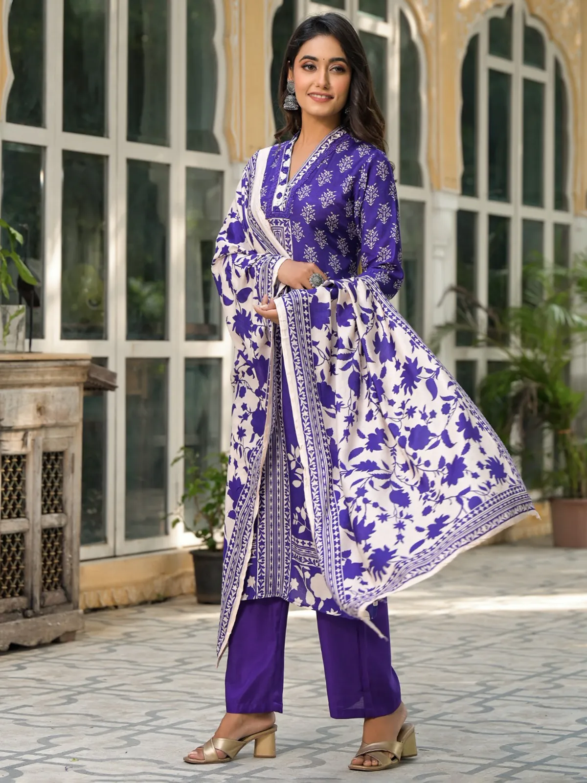 Cotton silk purple printed salwar suit