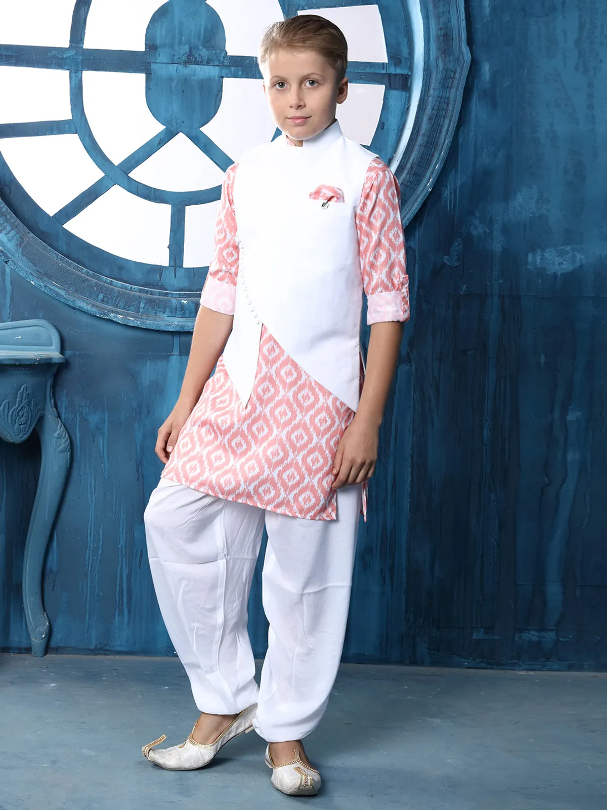 Cotton solid white and pink waistcoat set