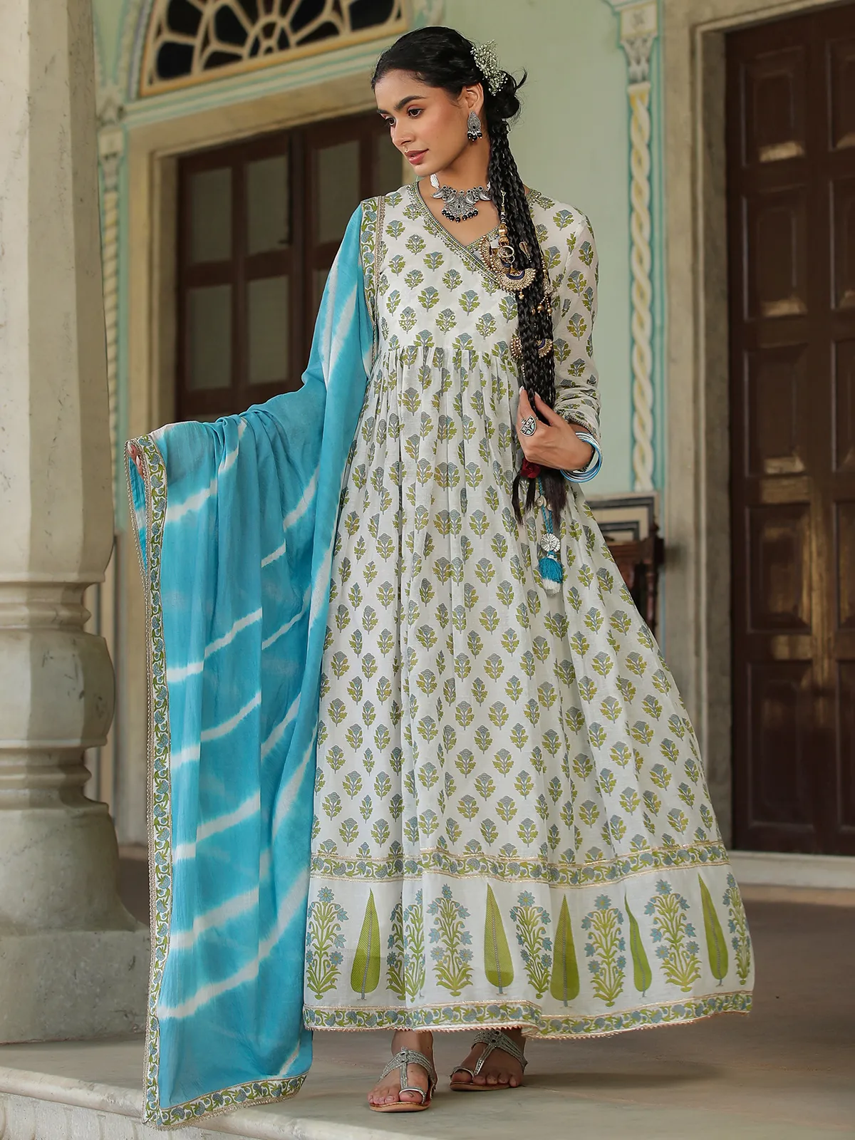 Cotton white and blue printed long kurti