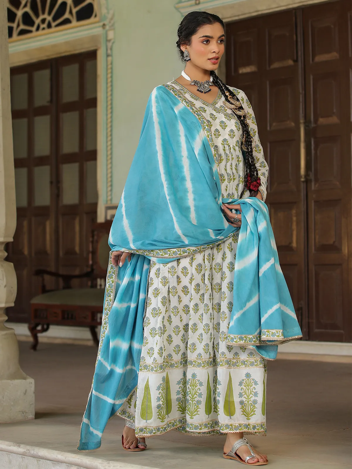 Cotton white and blue printed long kurti