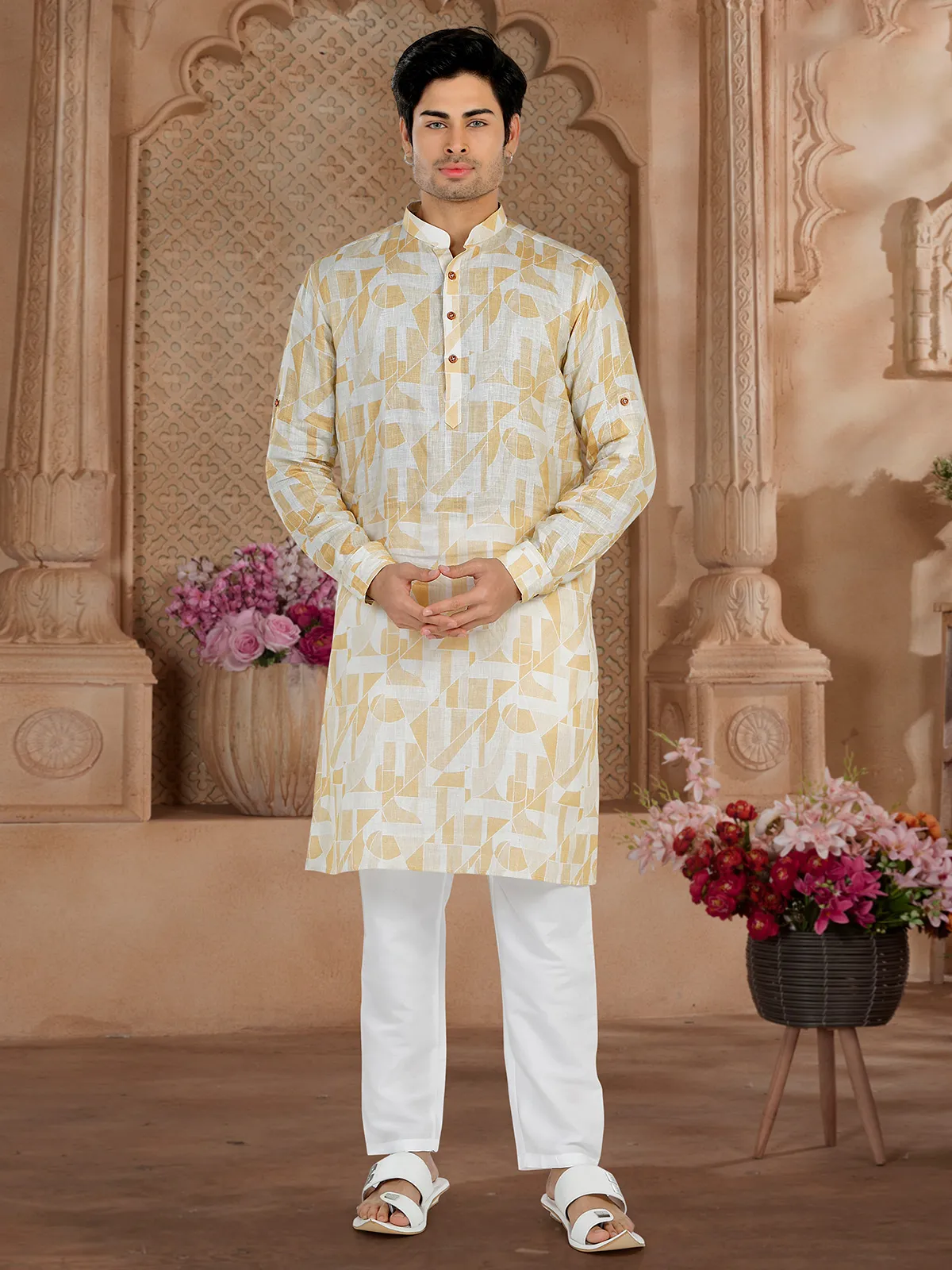 Cotton white and yellow printed  Men Kurta pajama