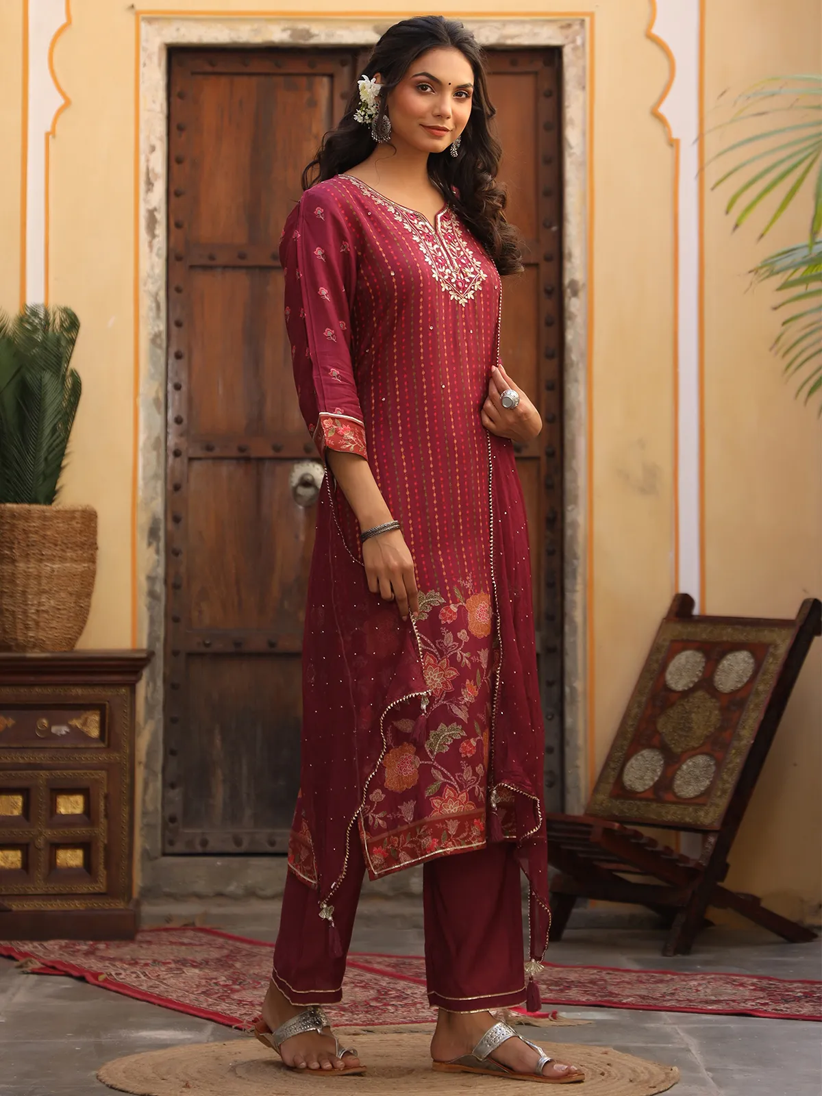 Cotton wine maroon festive punjabi style festive pant set