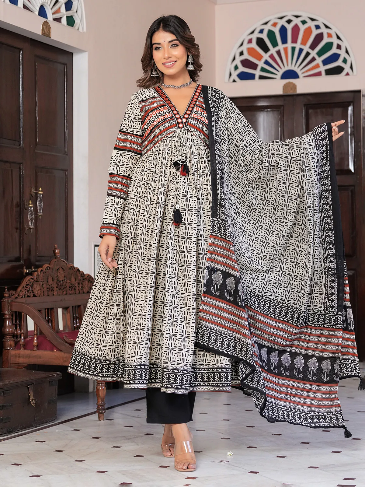 Cream and black printed cotton kurti set