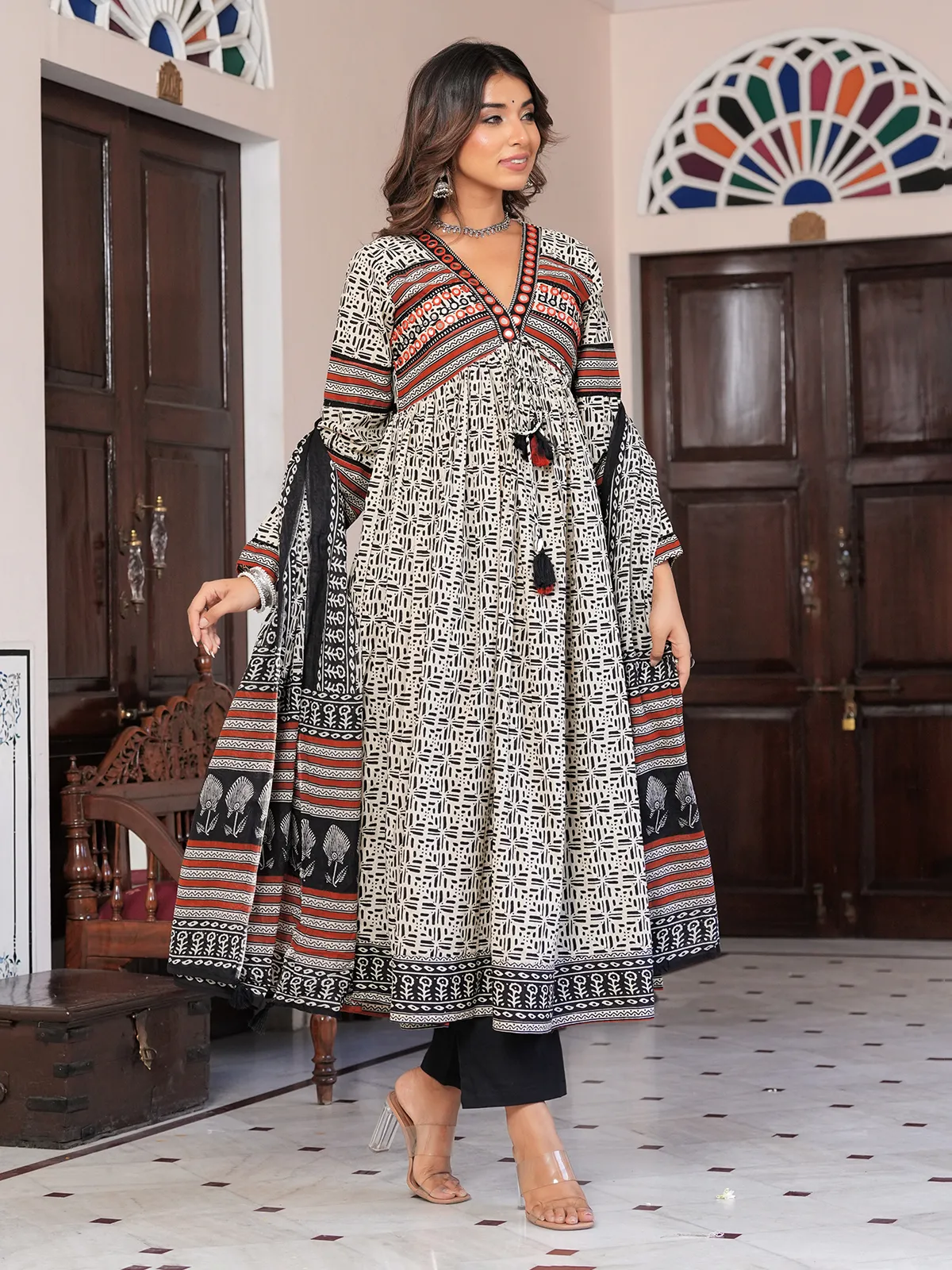 Cream and black printed cotton kurti set