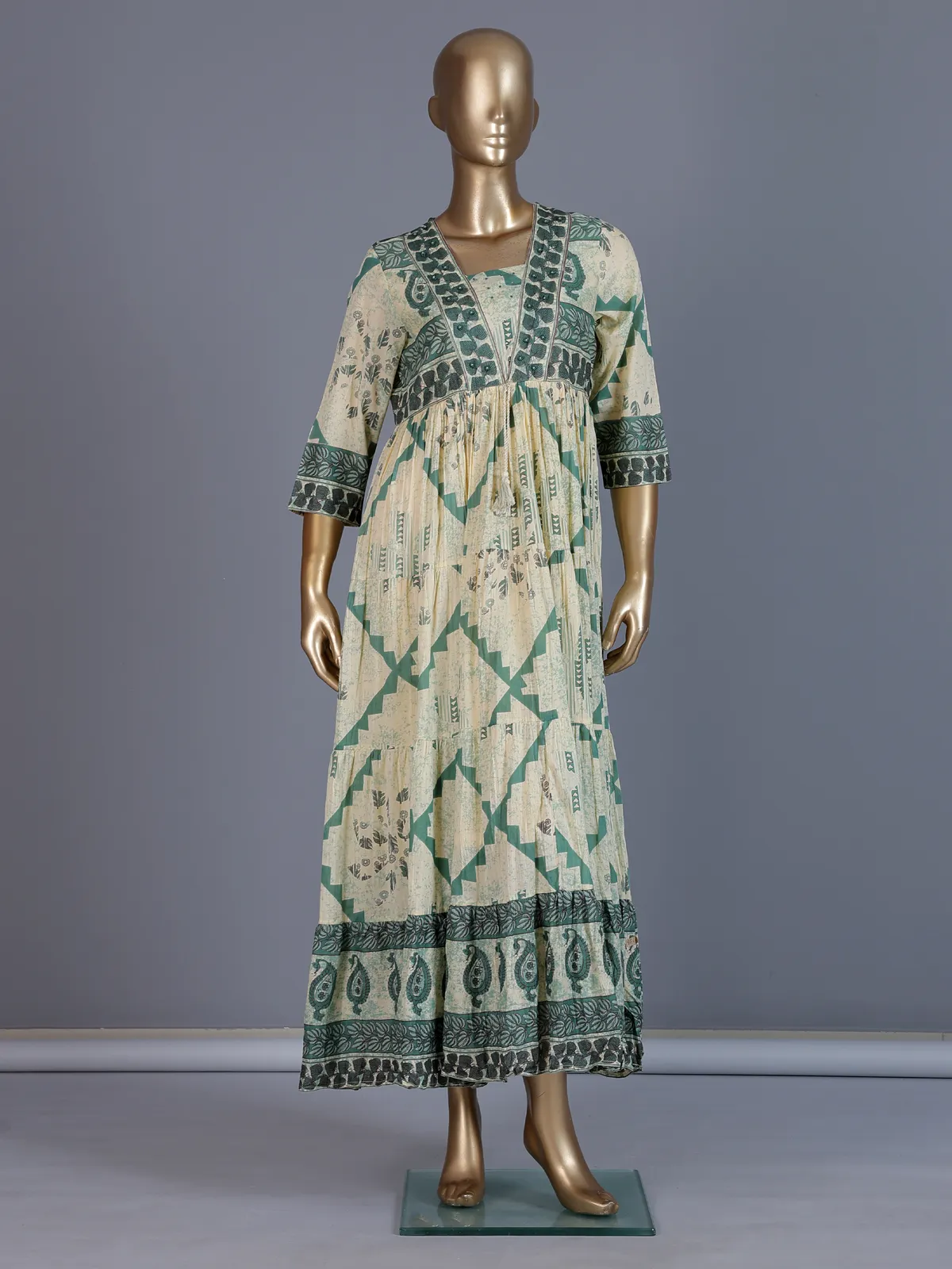 Cream and green floral printed cotton casual kurti