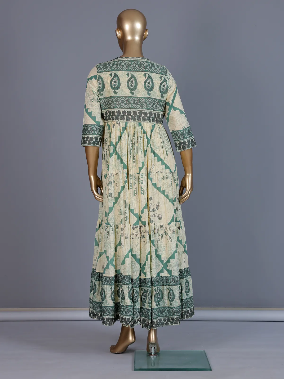 Cream and green floral printed cotton casual kurti