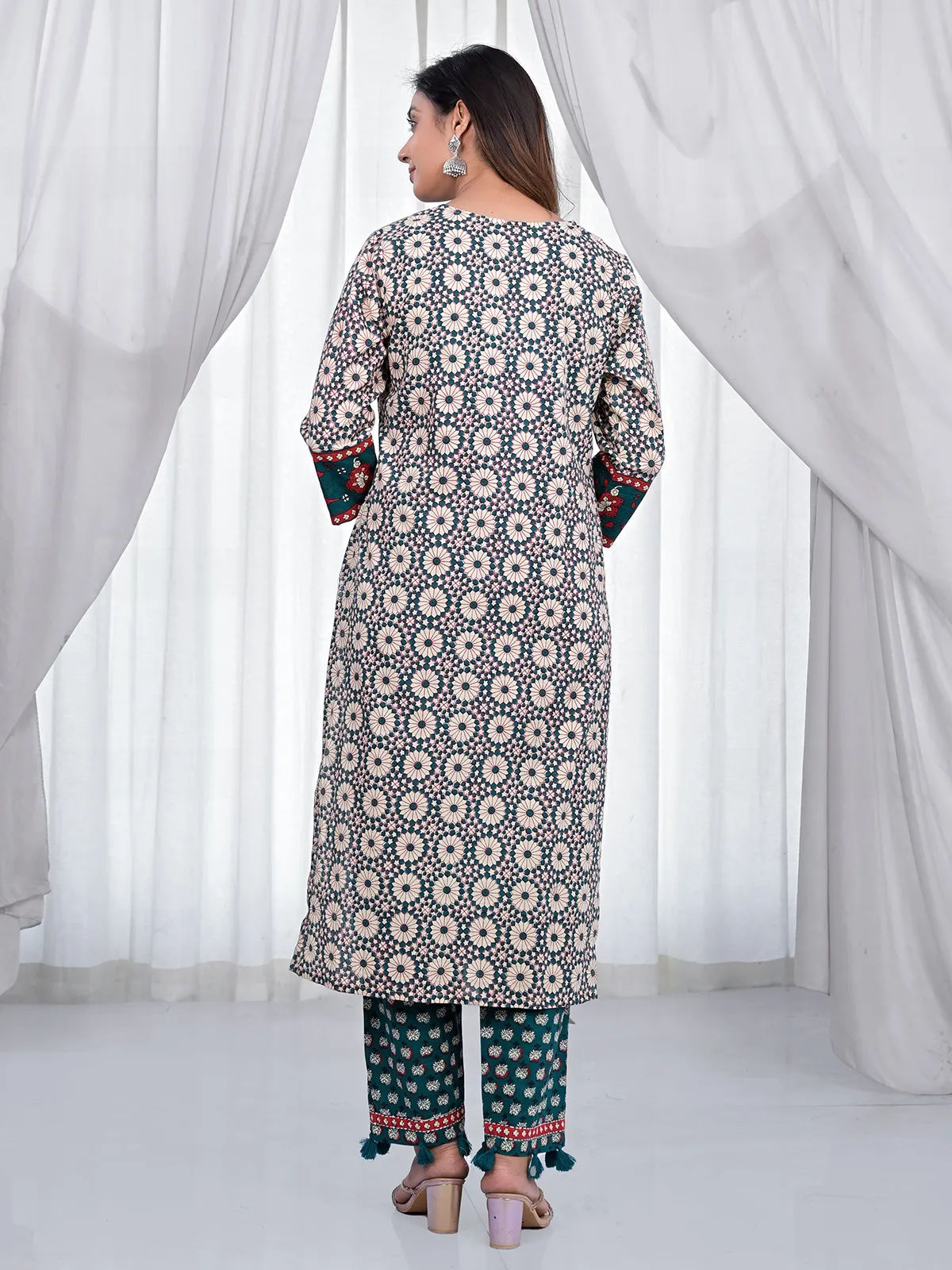 Cream and green printed kurti set