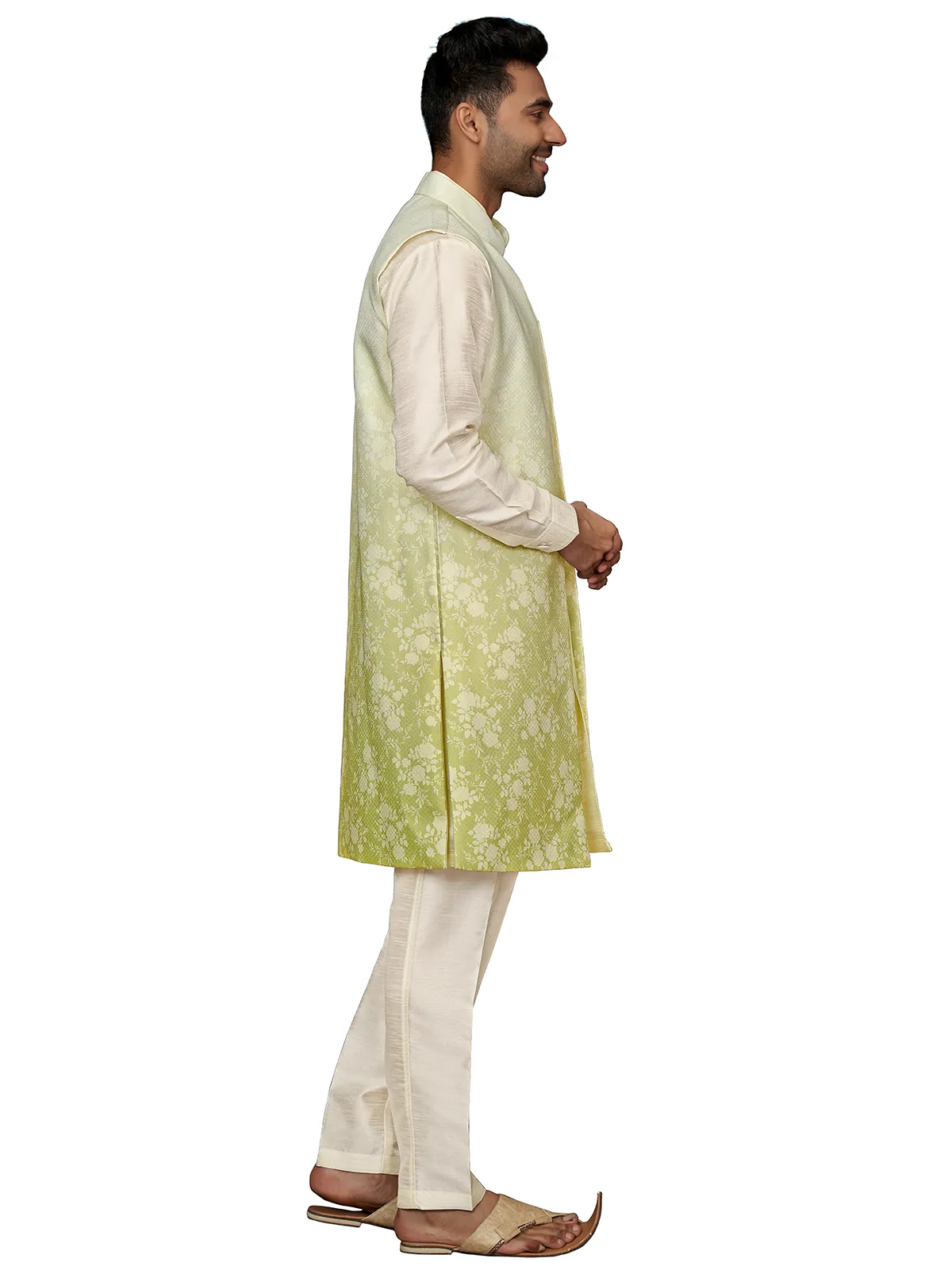 Cream and green silk indowestern for wedding