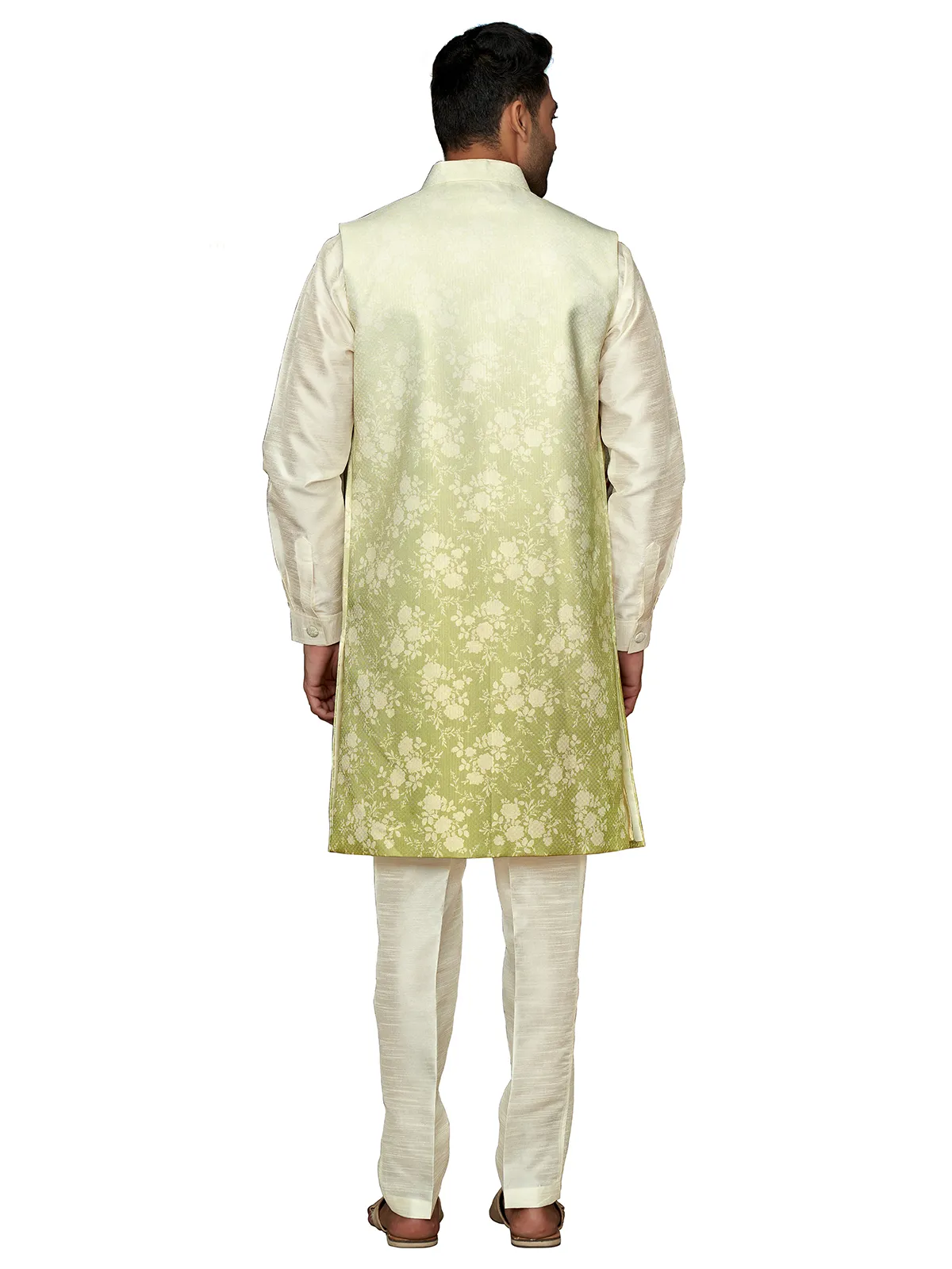 Cream and green silk indowestern for wedding