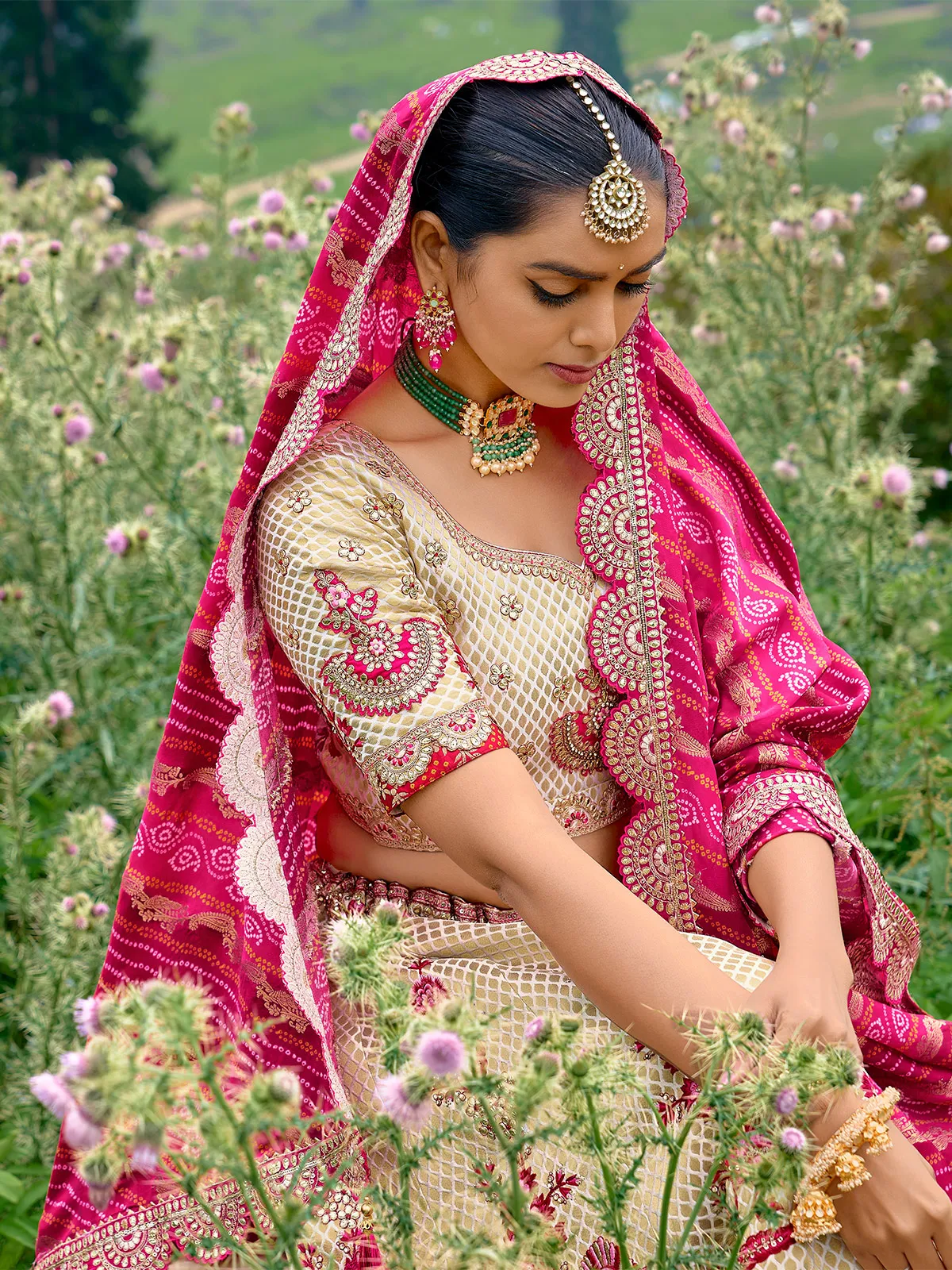 Cream and magenta silk lehenga choli