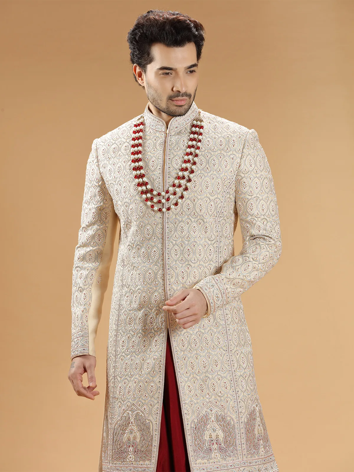 Cream and maroon raw silk sherwani