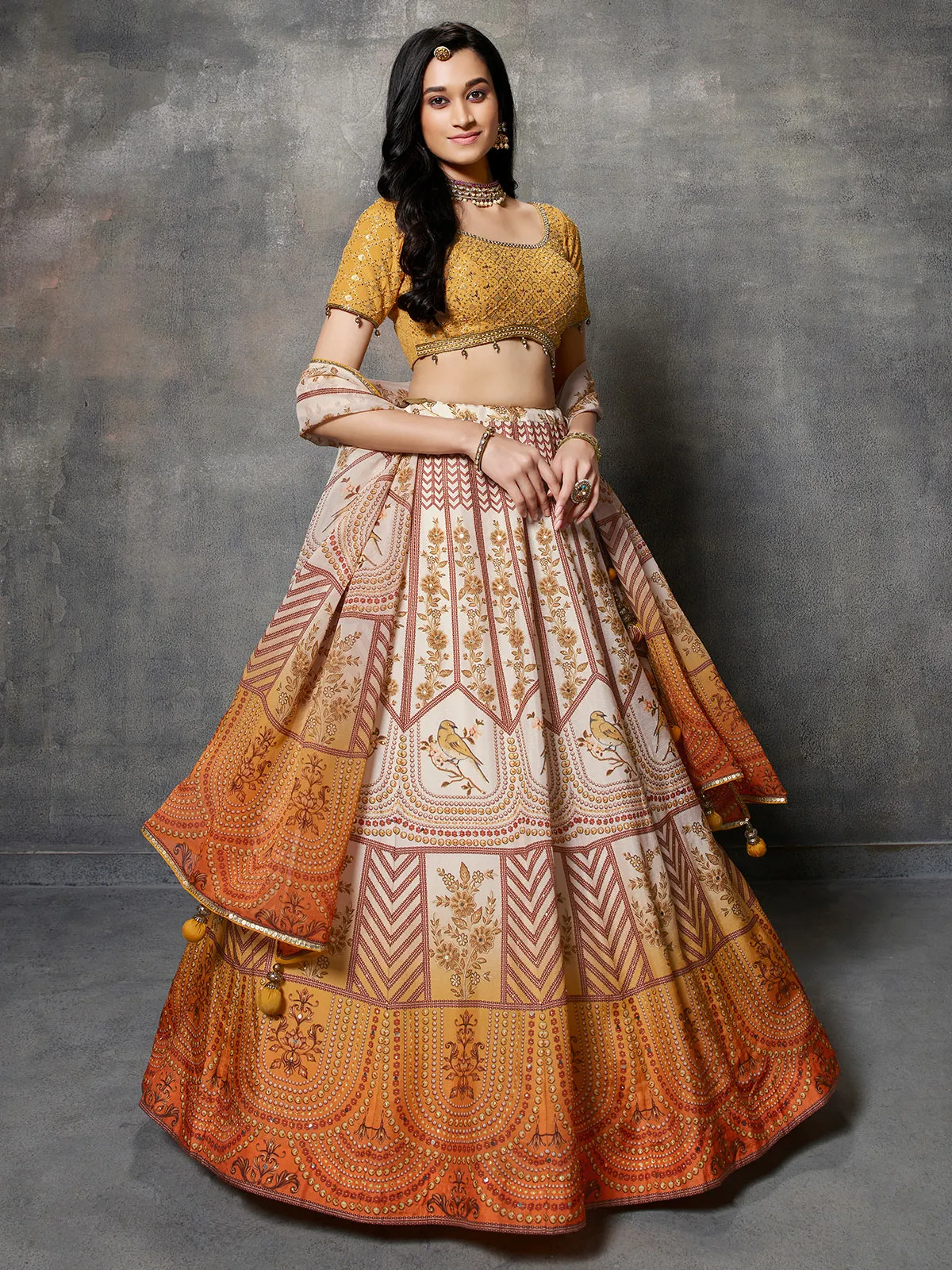 Cream and mustard yellow silk printed lehenga choli