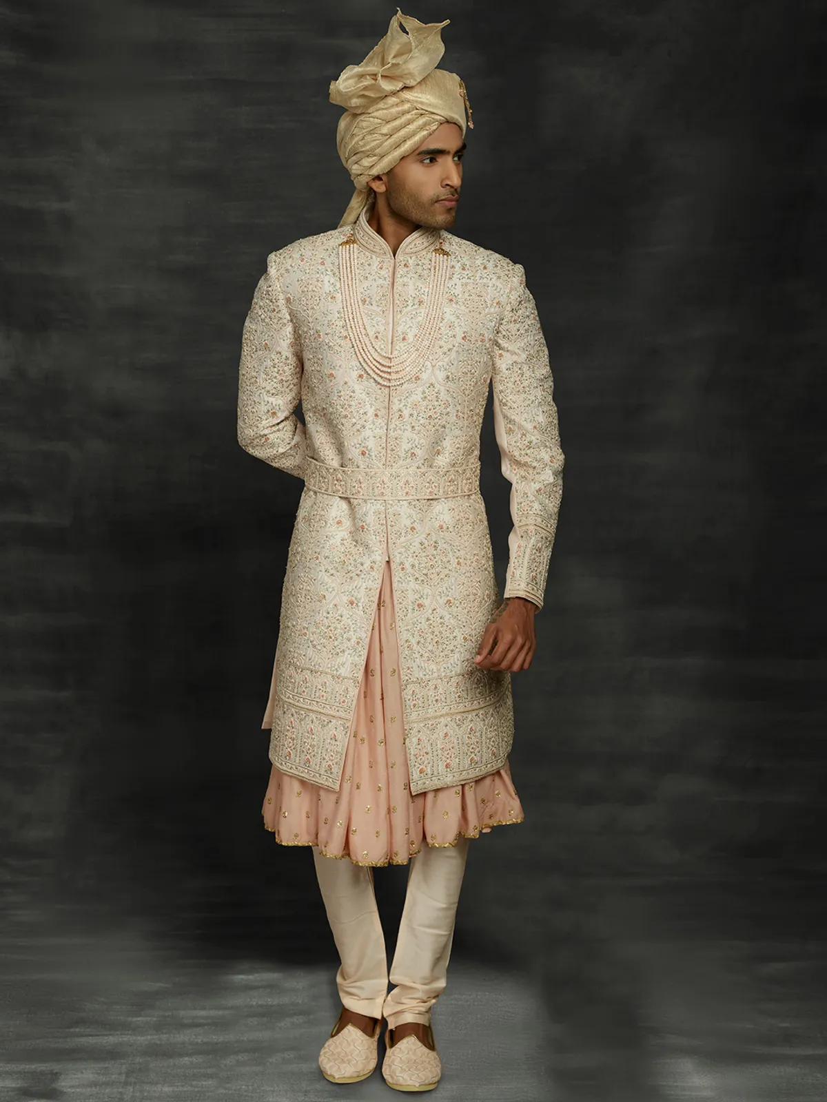 Cream and peach in silk double layer sherwani