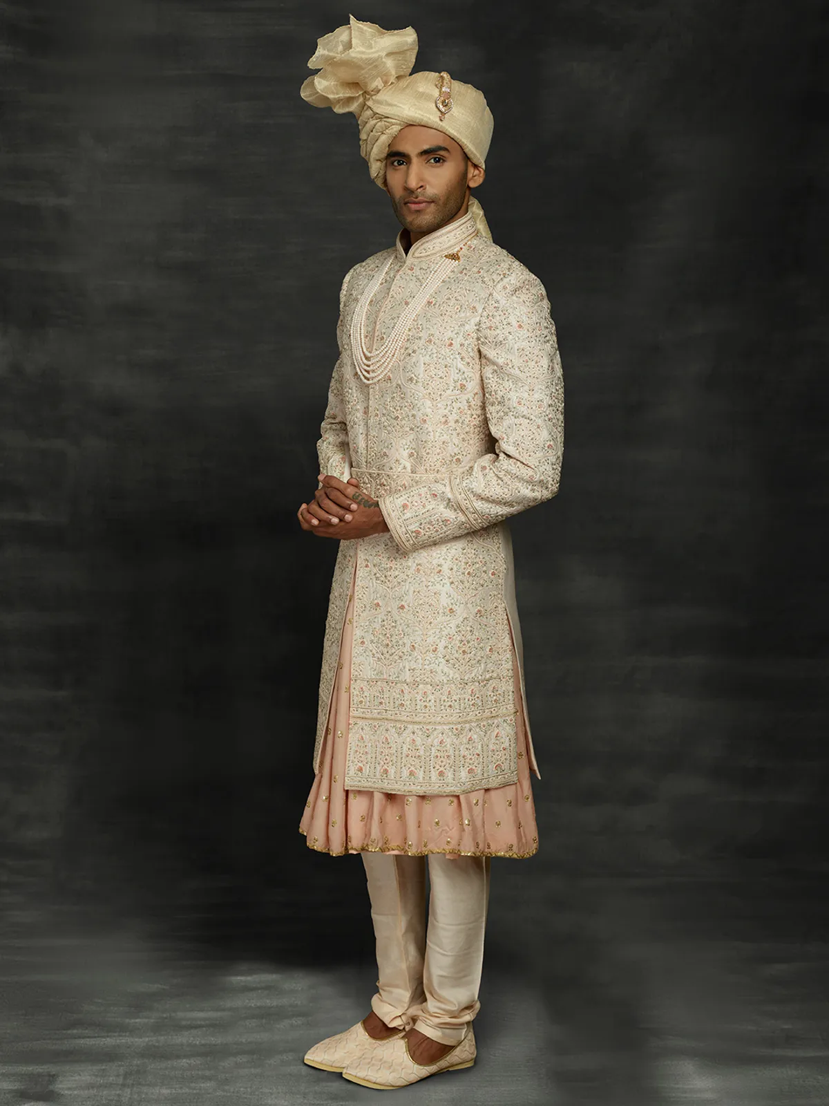 Cream and peach in silk double layer sherwani