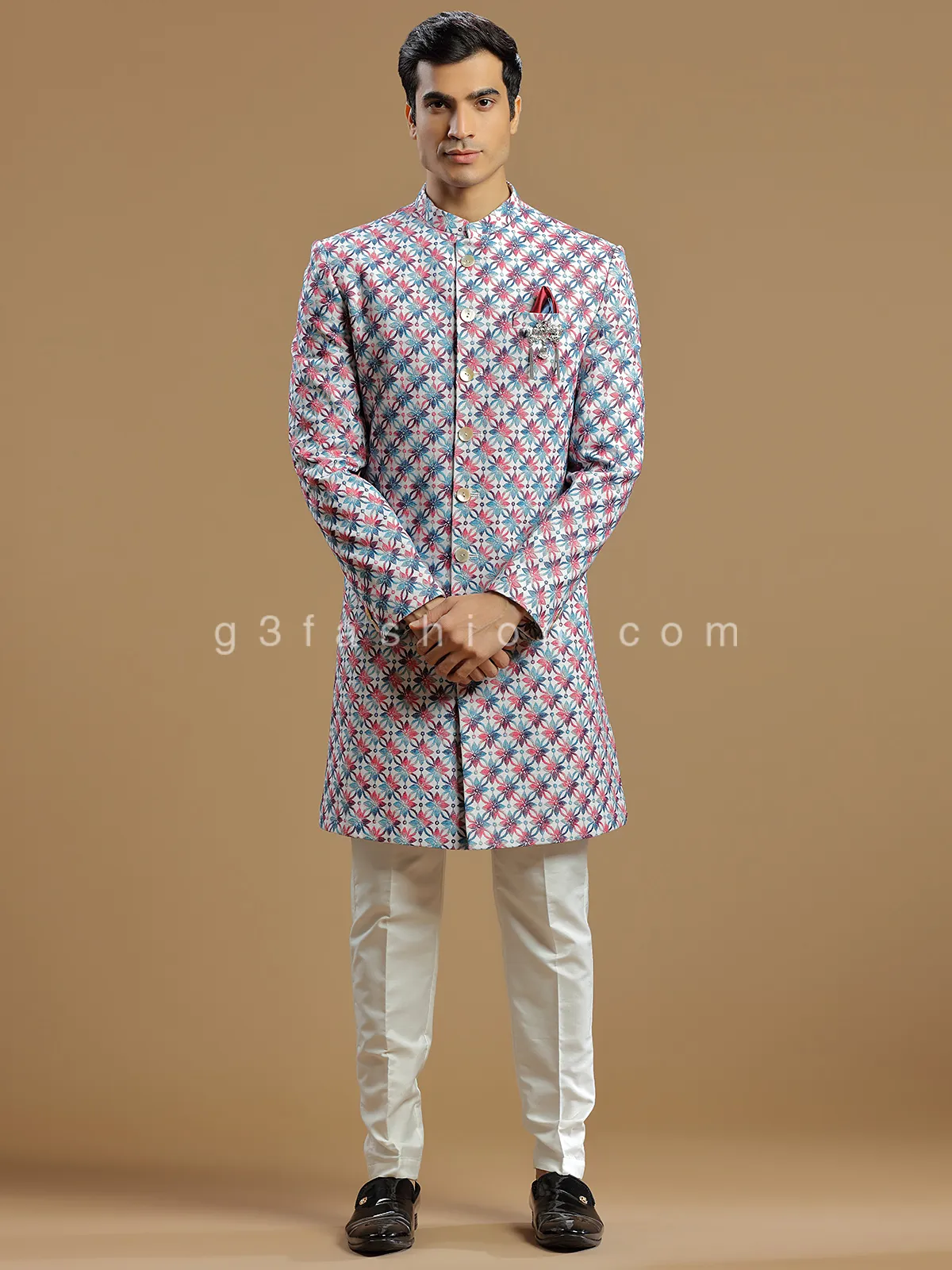 Cream and pink silk indowestern for men