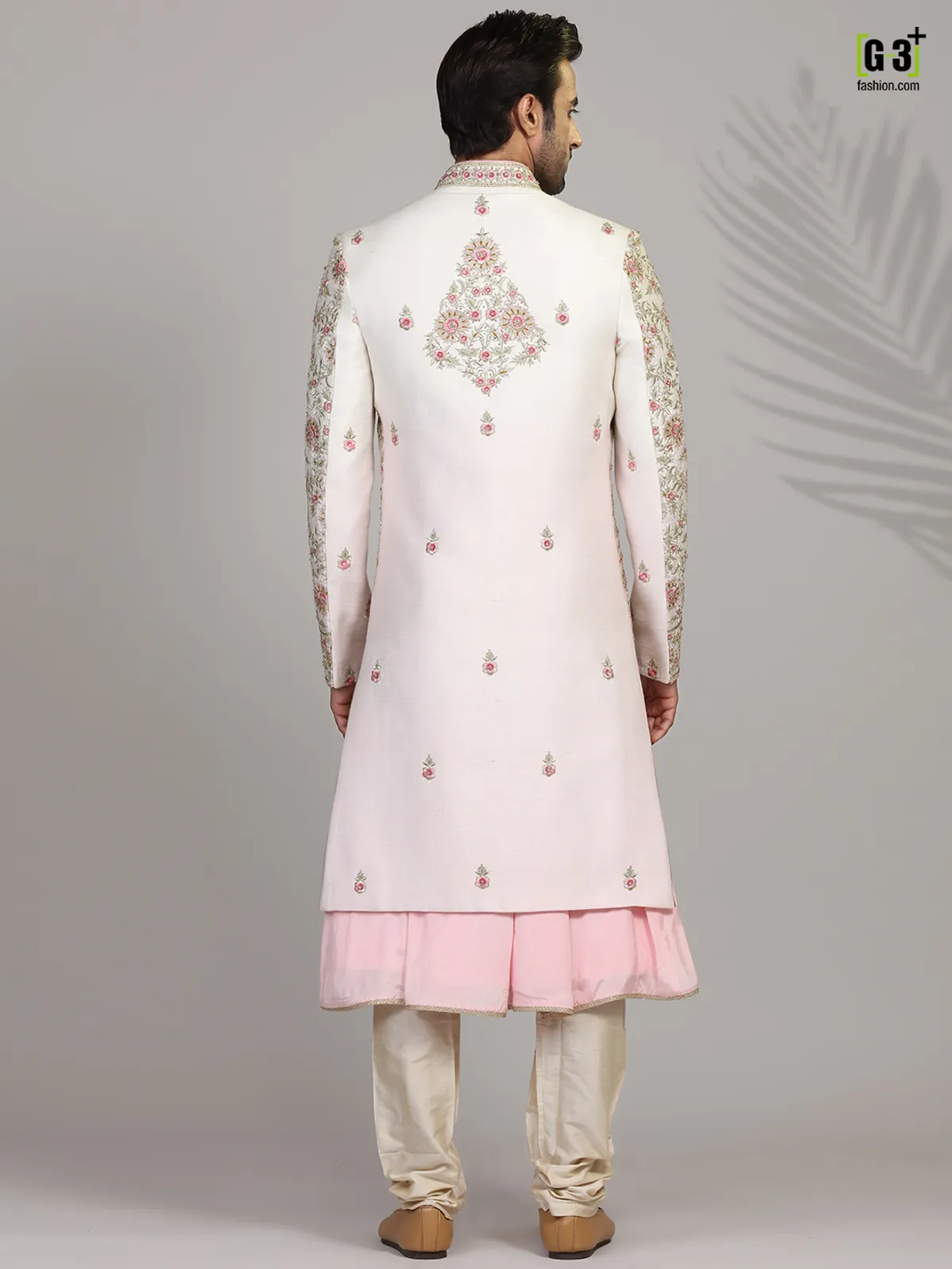 Cream and pink silk sherwani for groom