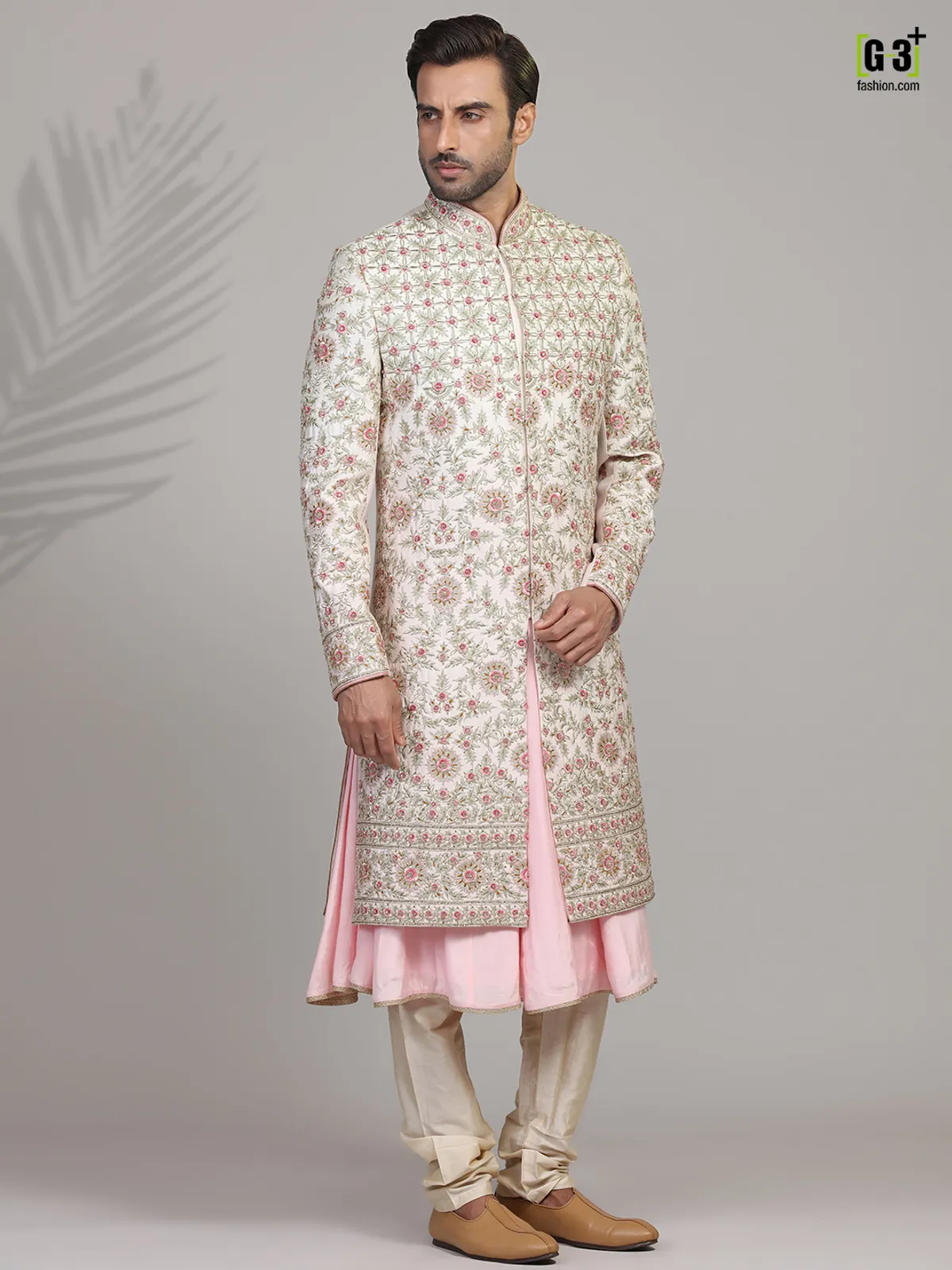 Cream and pink silk sherwani for groom