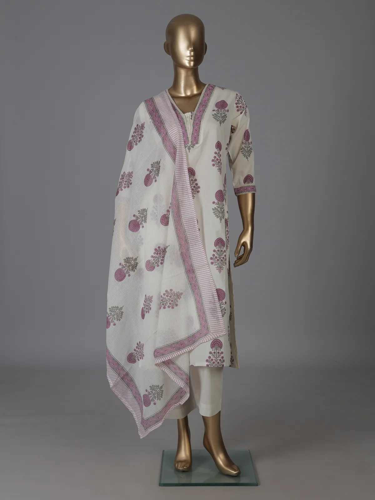 Cream and purple cotton soft floral kurti set with dupatta set