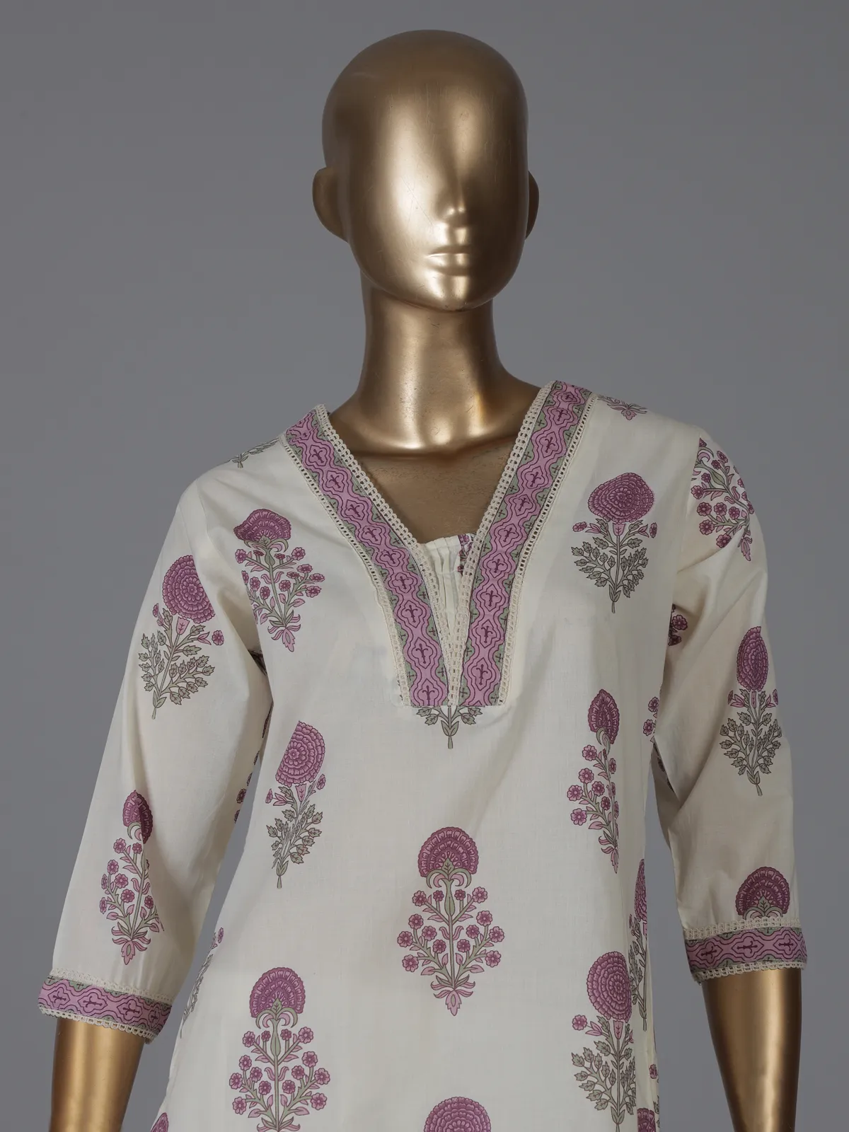 Cream and purple cotton soft floral kurti set with dupatta set