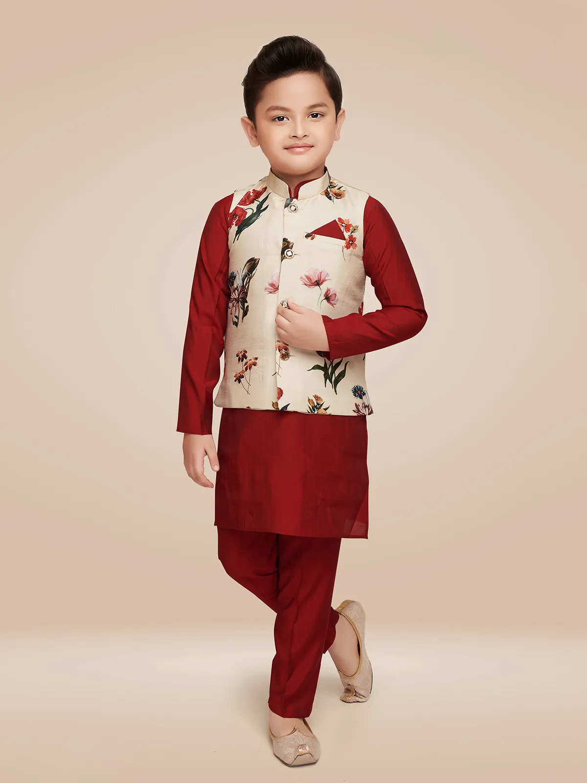 Cream and red floral print waistcoat set