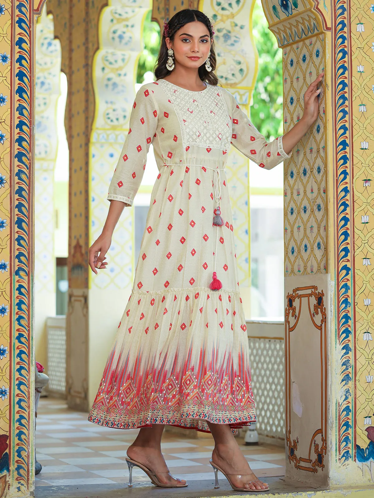 Cream and red printed cotton long kurti