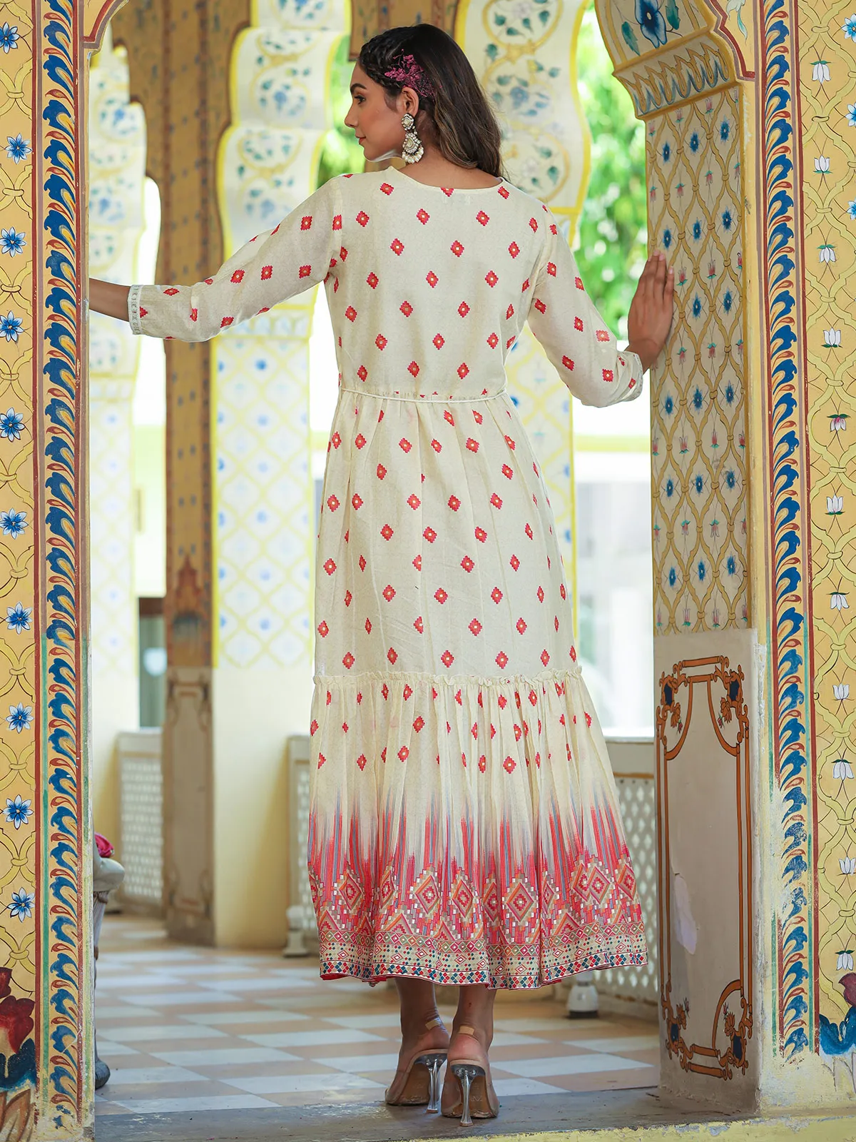 Cream and red printed cotton long kurti