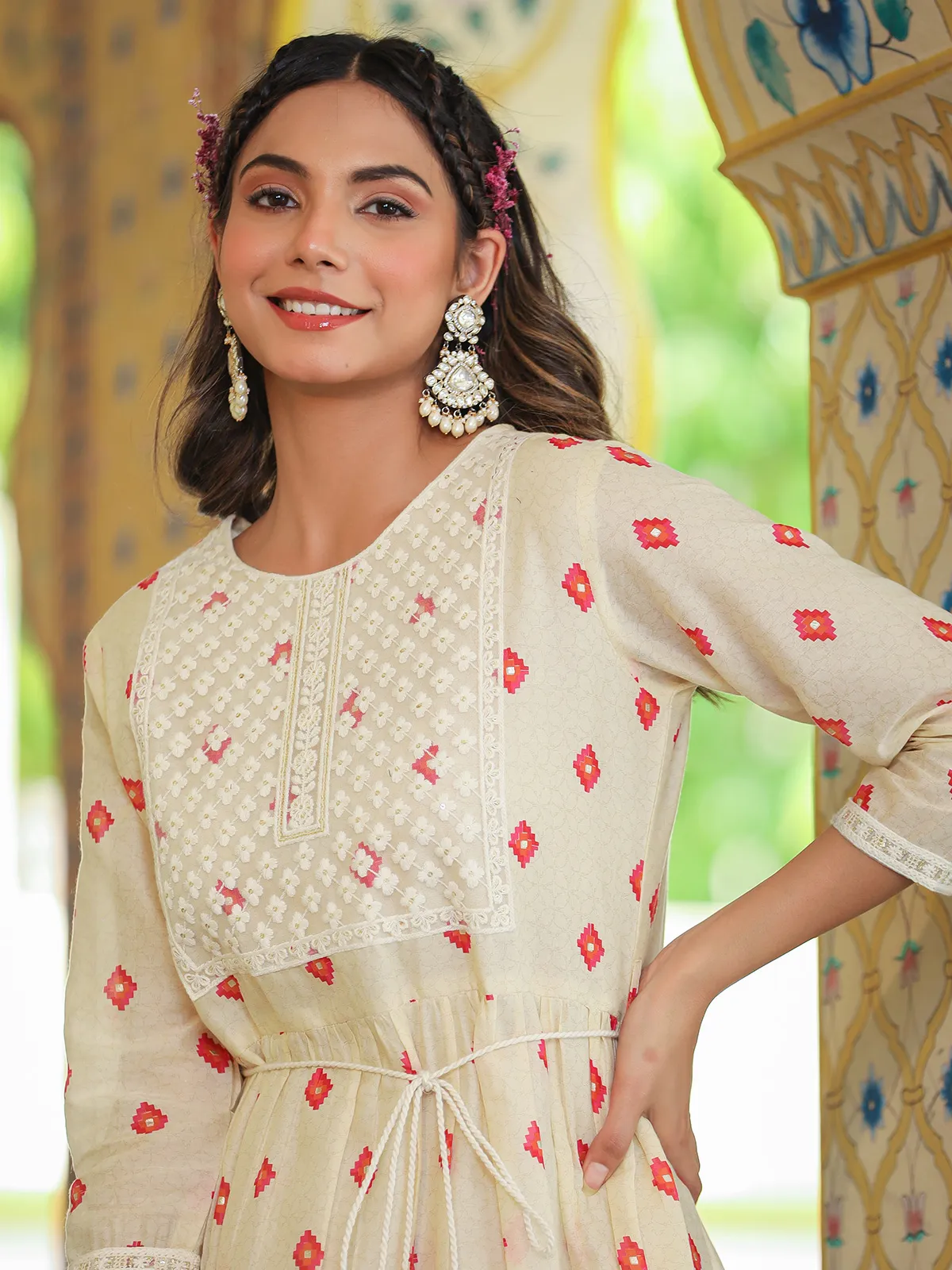 Cream and red printed cotton long kurti