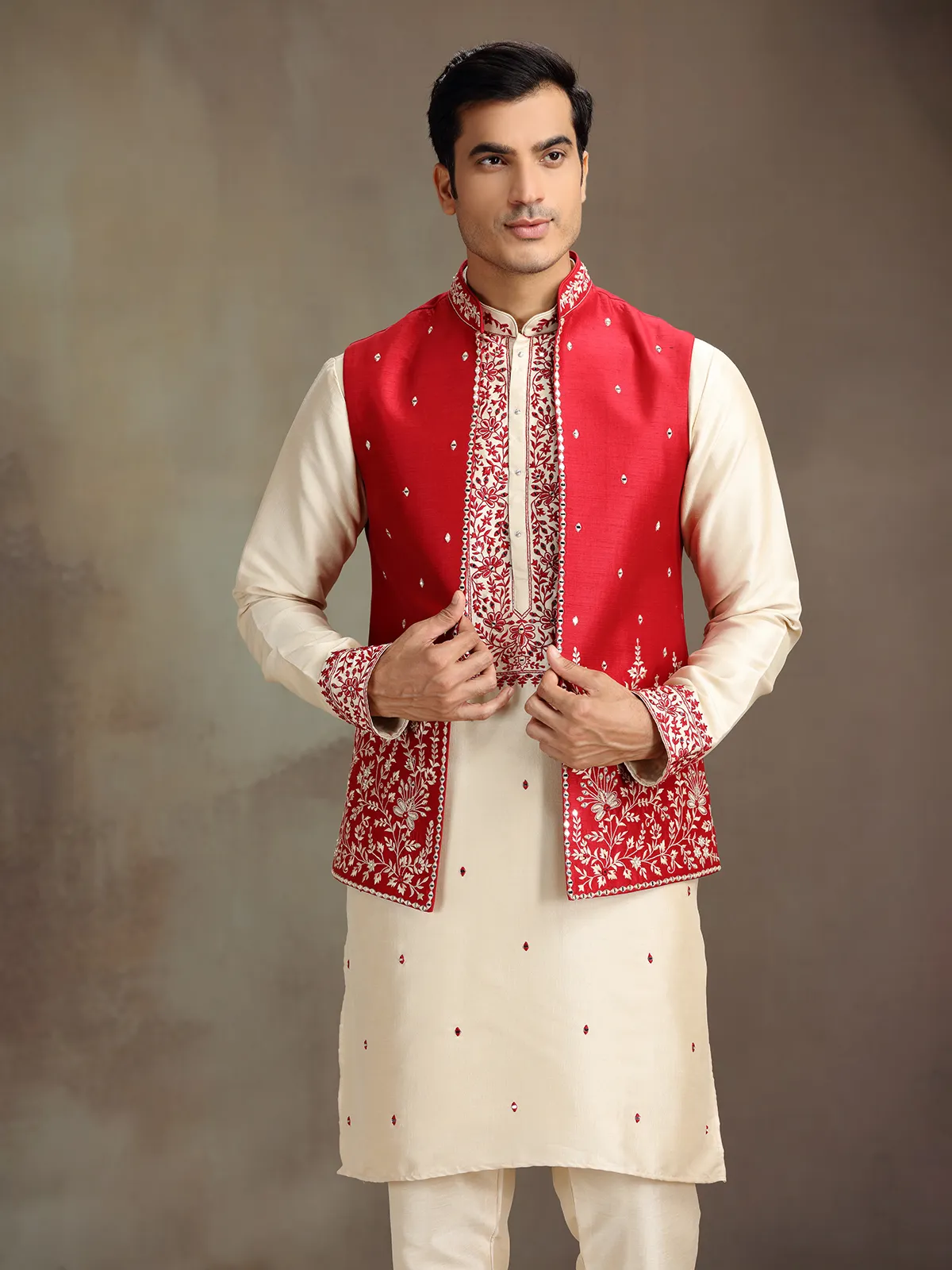 Cream and red silk mirror worked waistcoat set