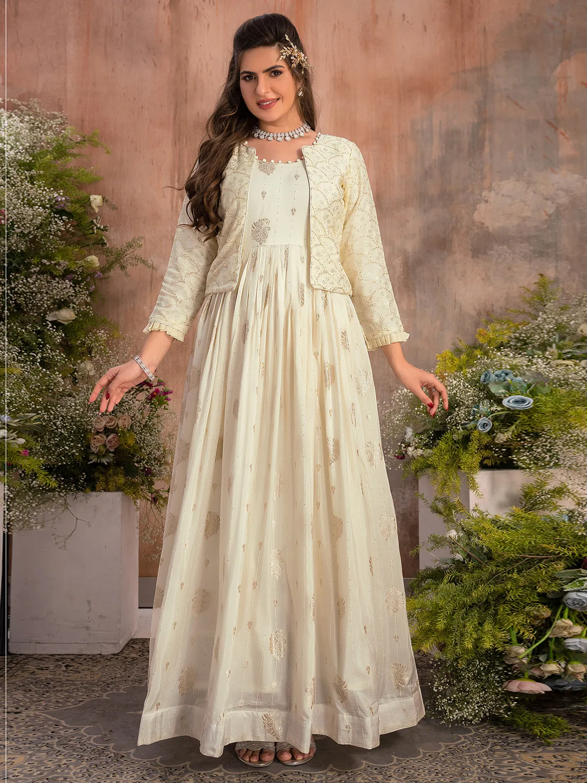 Cream banarasi silk anarkali suit with jacket