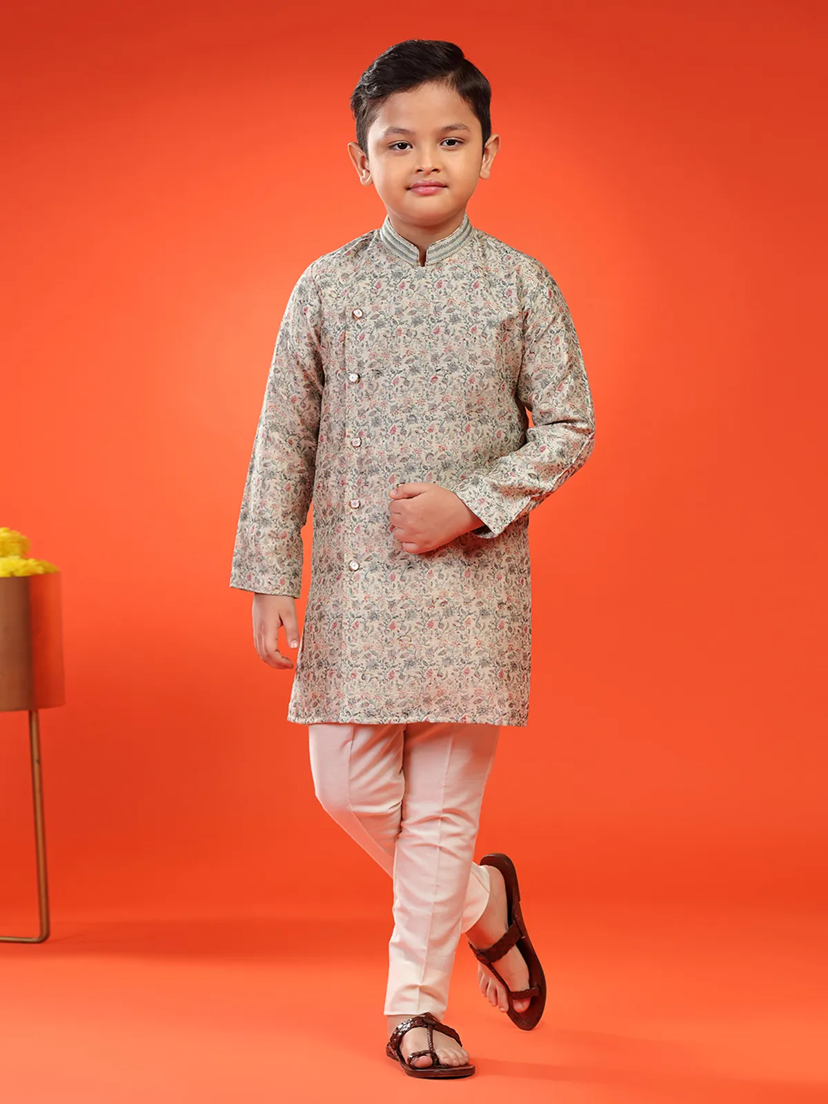 Cream brocade printed kurta suit