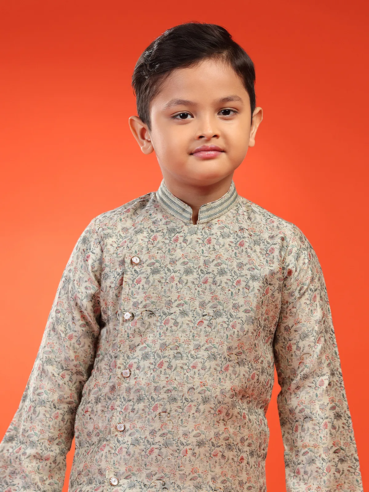 Cream brocade printed kurta suit