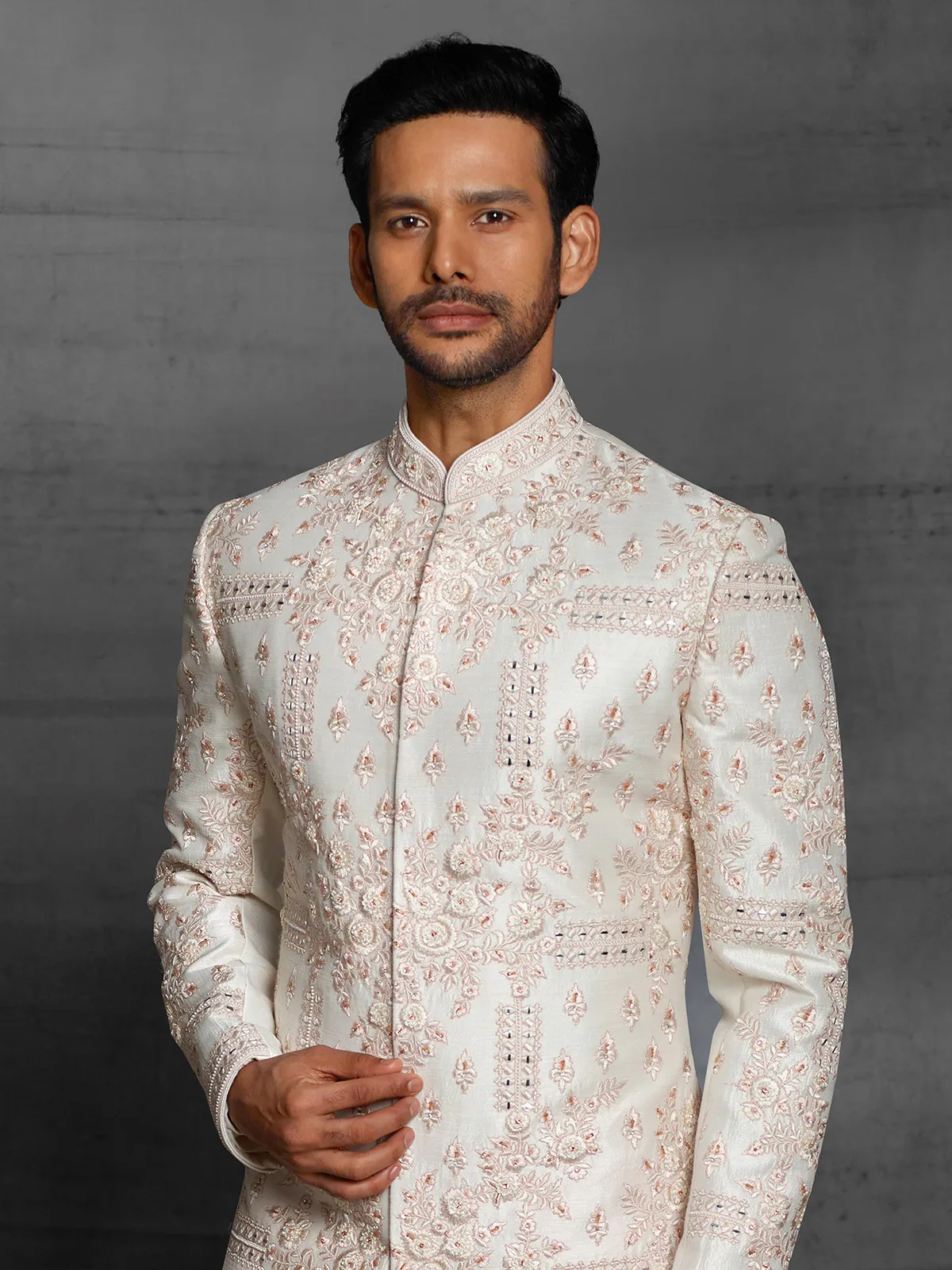 Cream color attractive sherwani in silk fabric