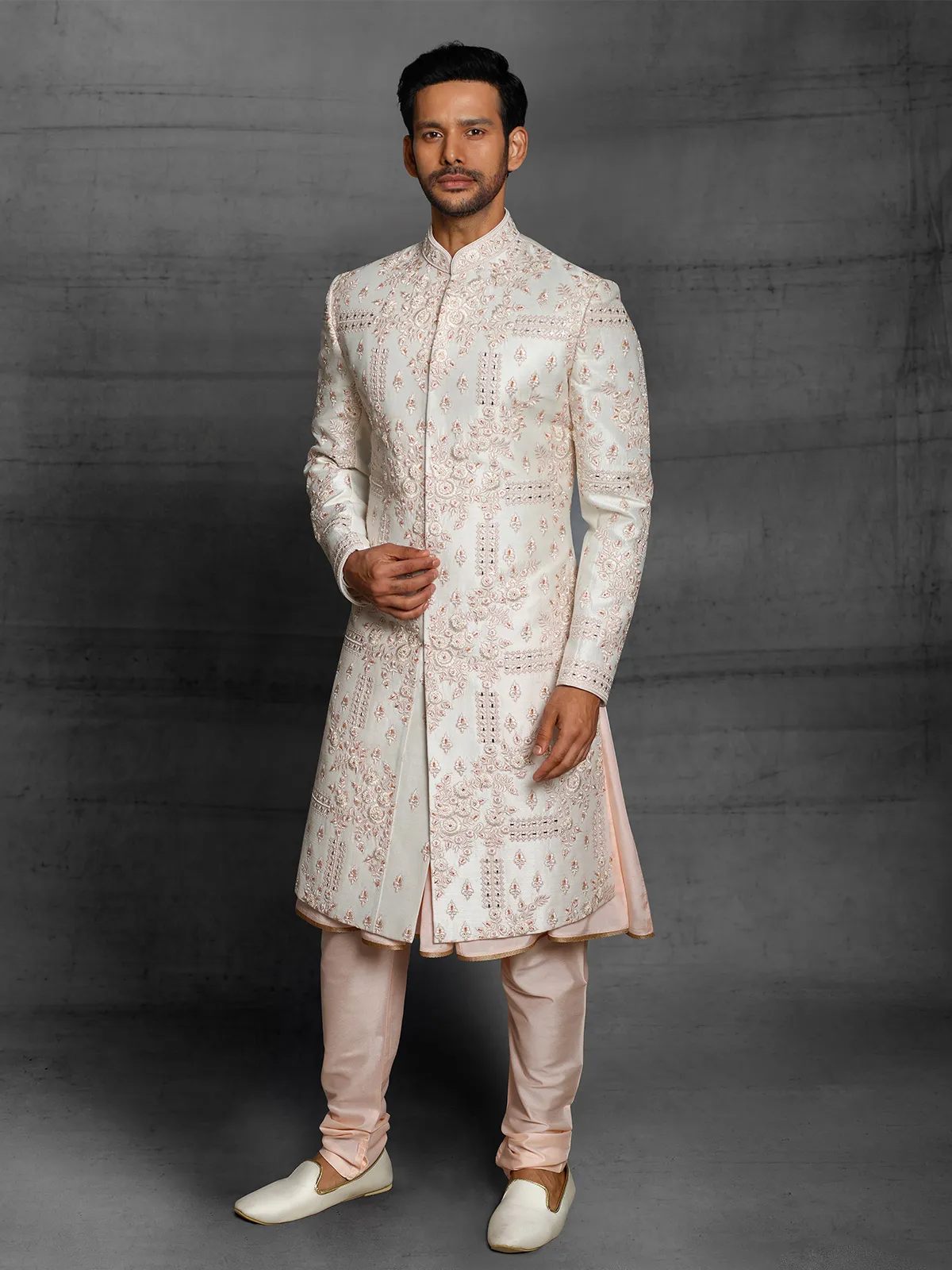Cream color attractive sherwani in silk fabric