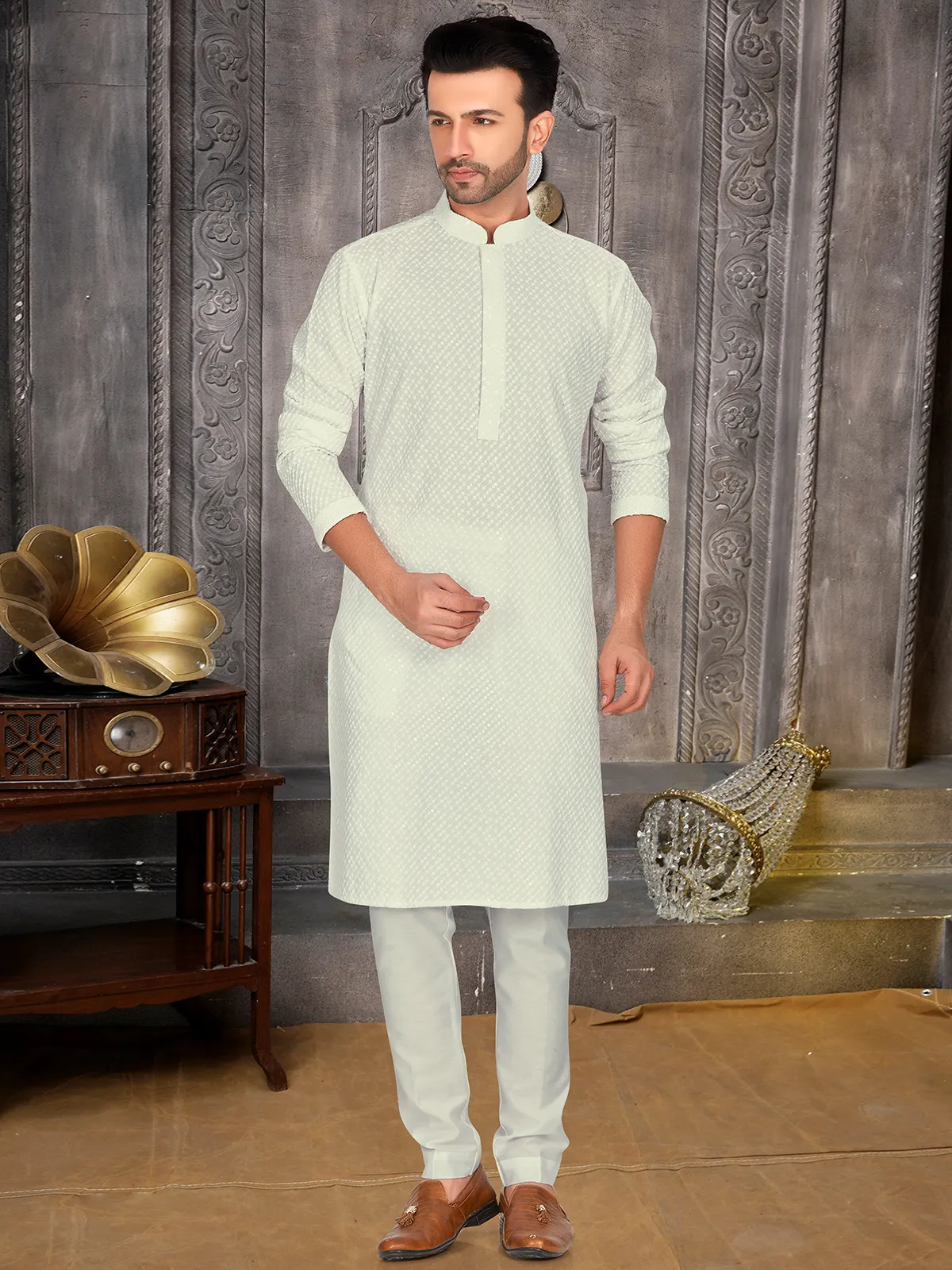 Cream cotton embroidery kurta suit