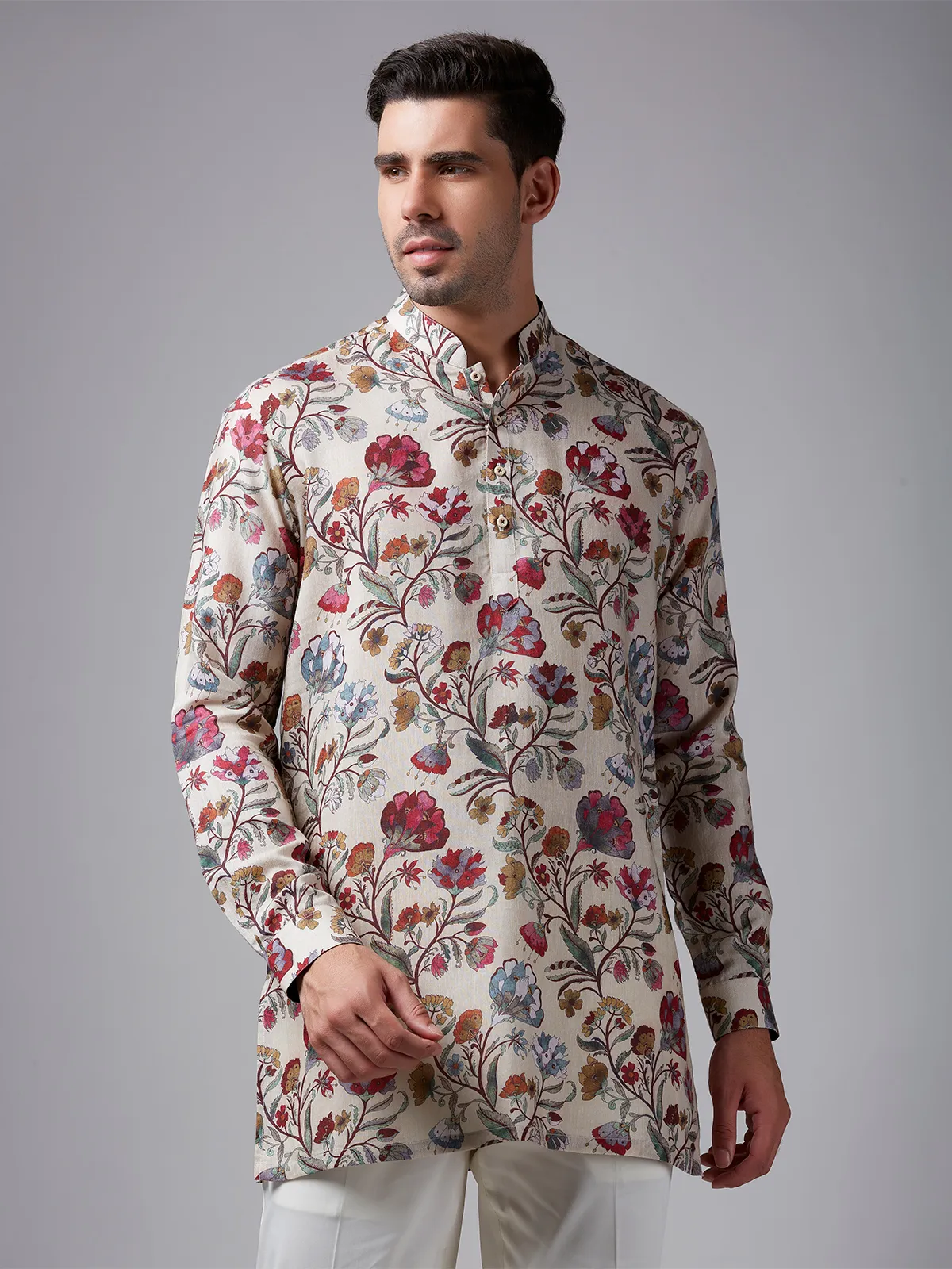 Cream cotton floral printed short  Men Kurta pajama