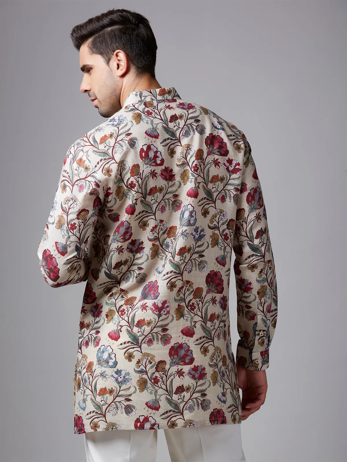 Cream cotton floral printed short  Men Kurta pajama