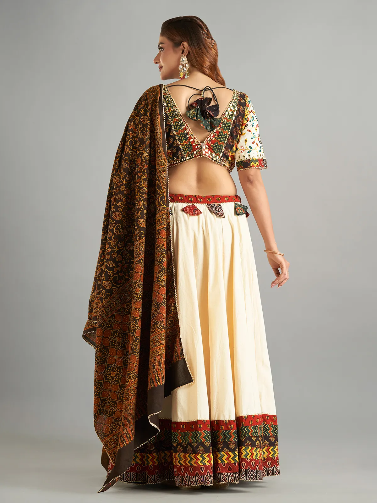 Cream cotton printed chaniya choli