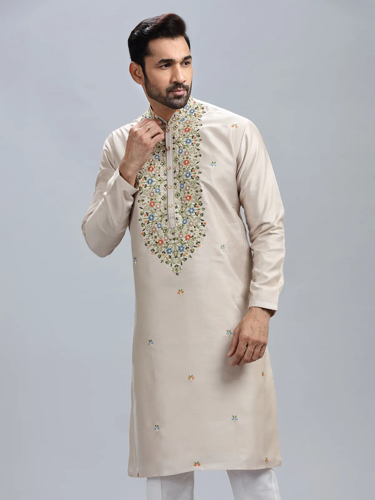 Cream cotton silk festive style kurta set for men