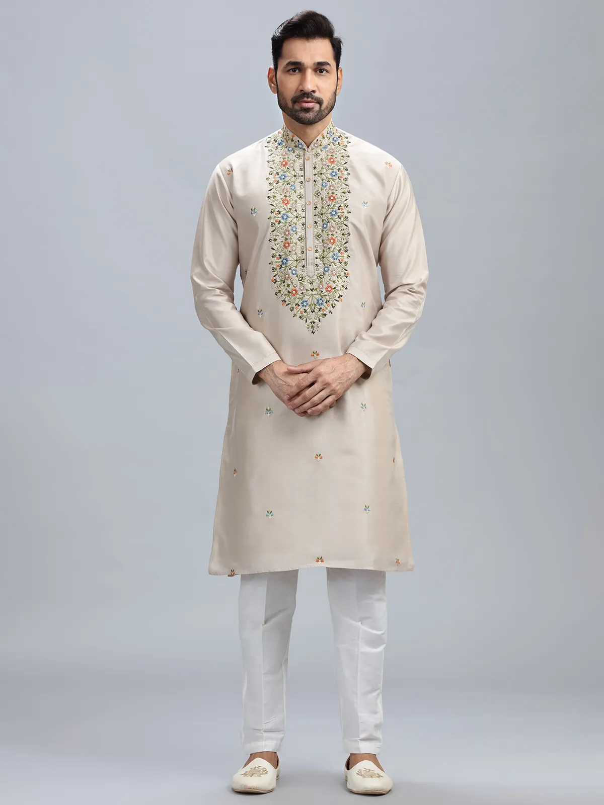 Cream cotton silk festive style kurta set for men