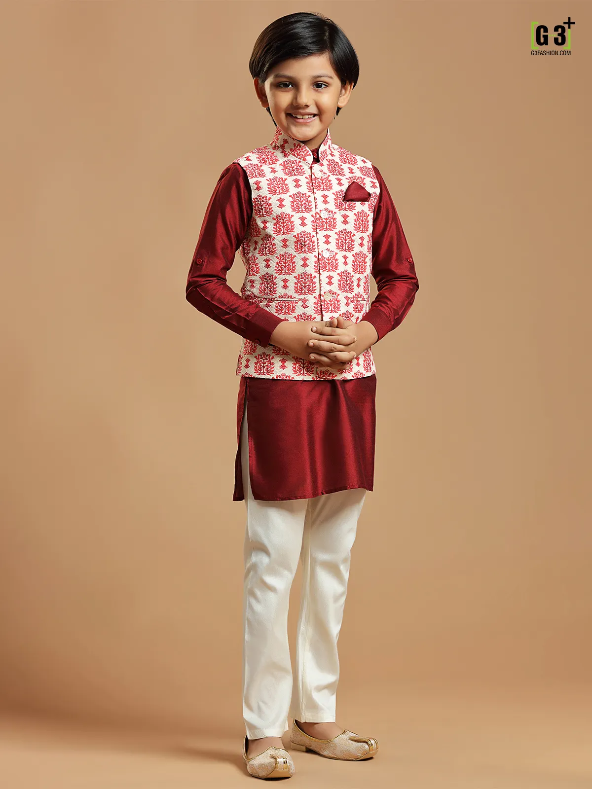 Cream cotton silk waistcoat with maroon kurta set for boys