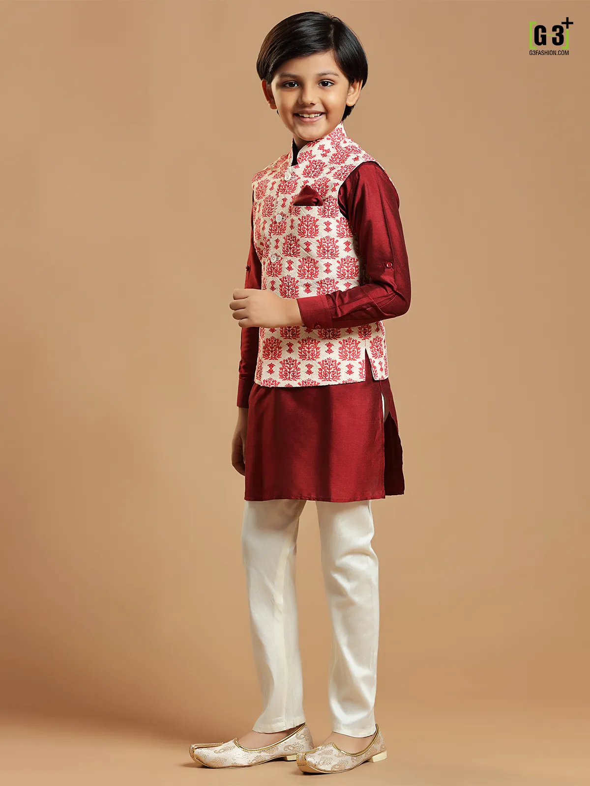 Cream cotton silk waistcoat with maroon kurta set for boys