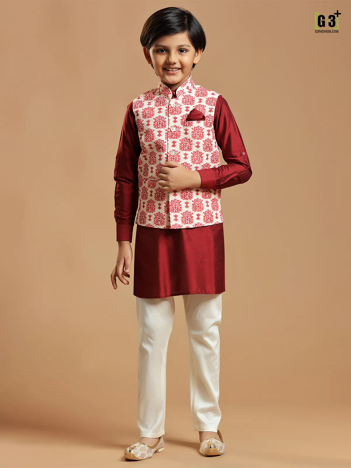 Cream cotton silk waistcoat with maroon kurta set for boys