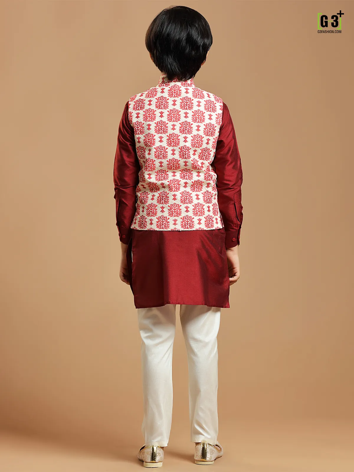 Cream cotton silk waistcoat with maroon kurta set for boys