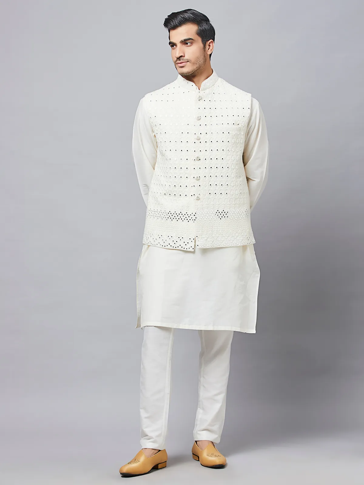 Cream cotton waistcoat set for mens