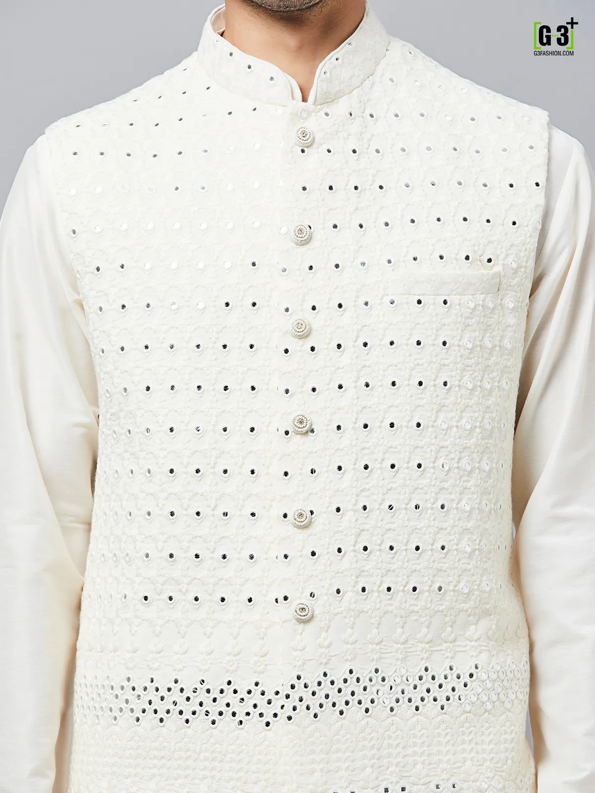 Cream cotton waistcoat set for mens