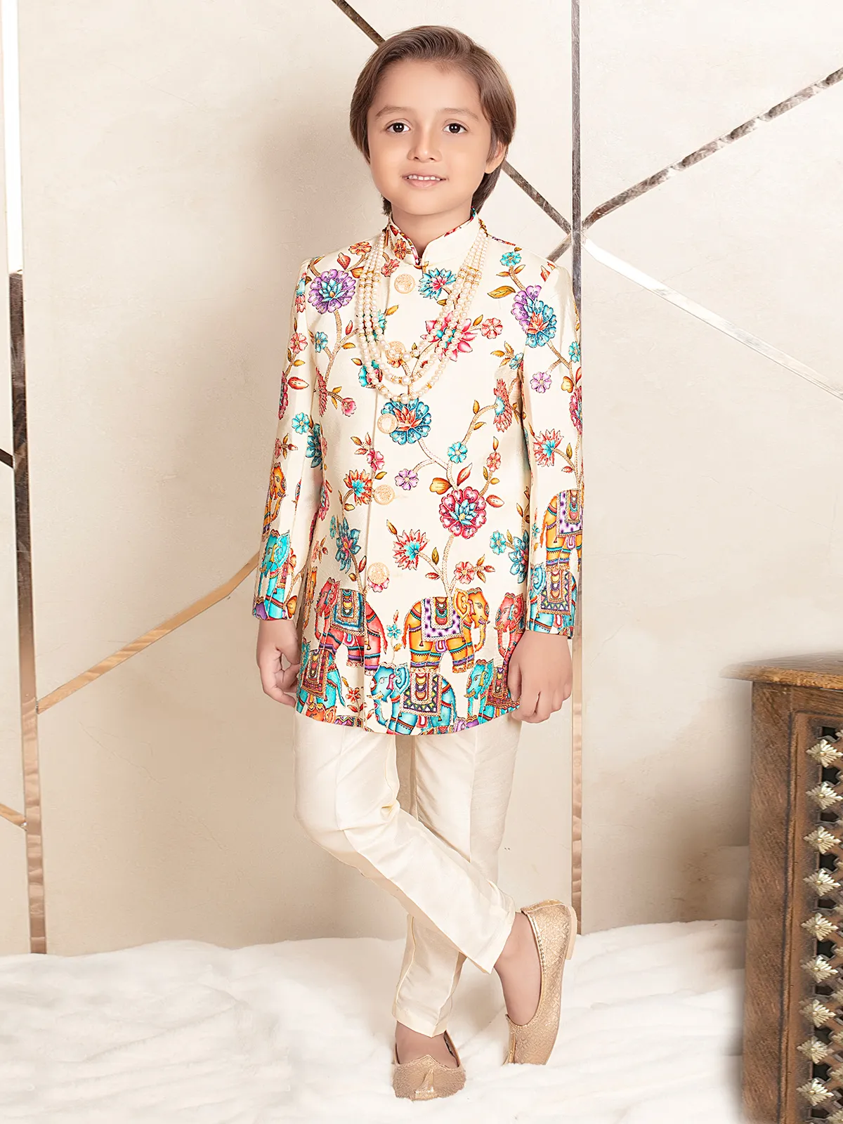 Cream designer terry rayon indo western for boys