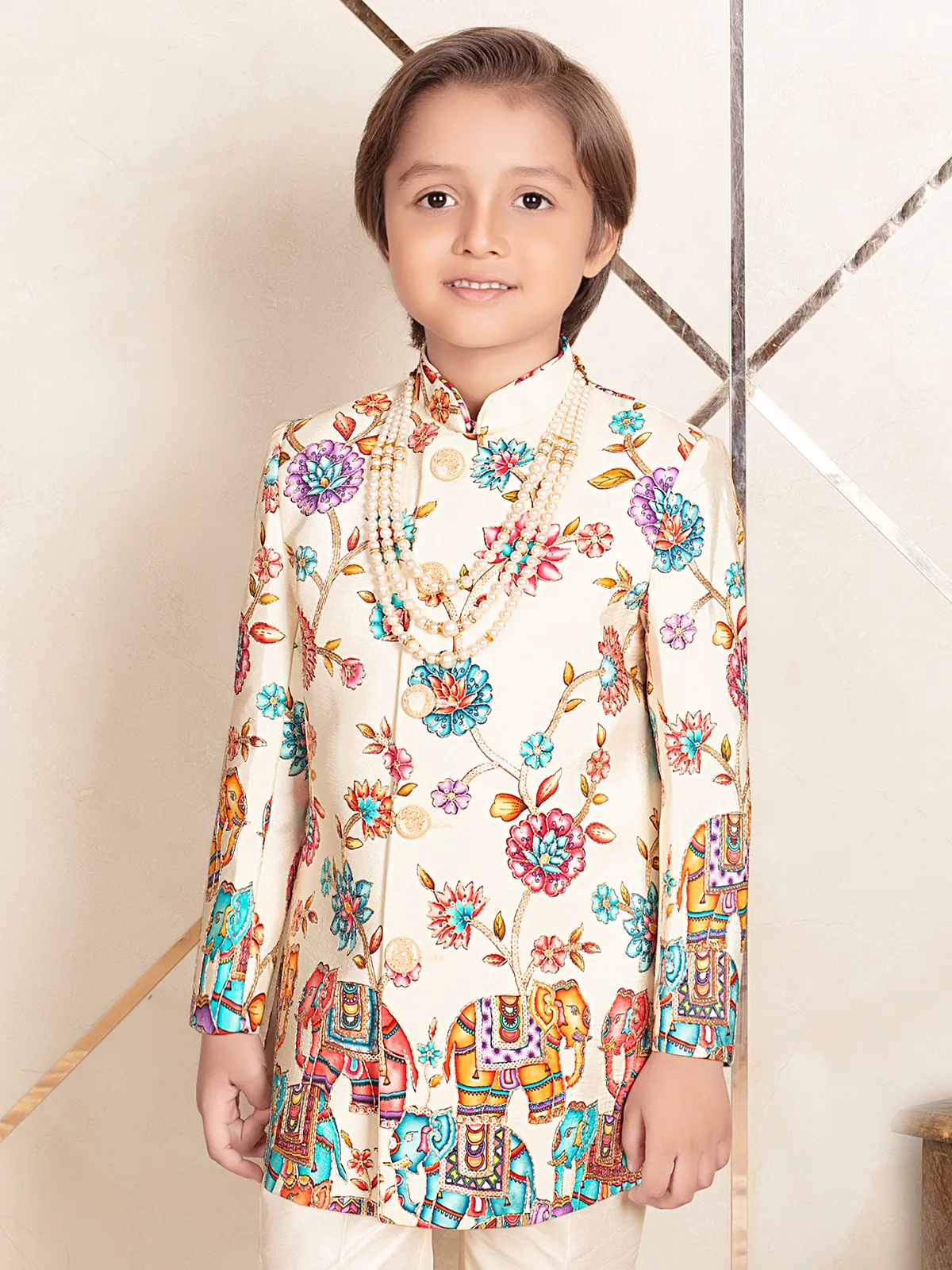 Cream designer terry rayon indo western for boys