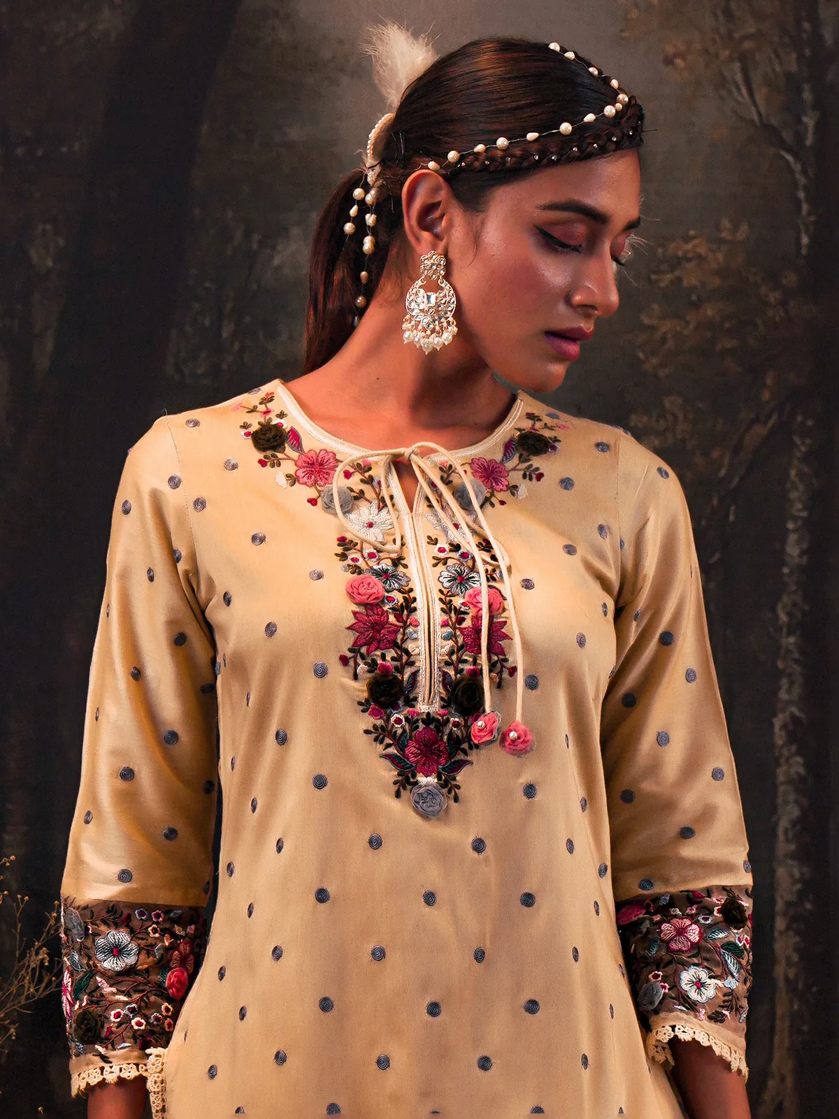 Cream embroidery sharara set